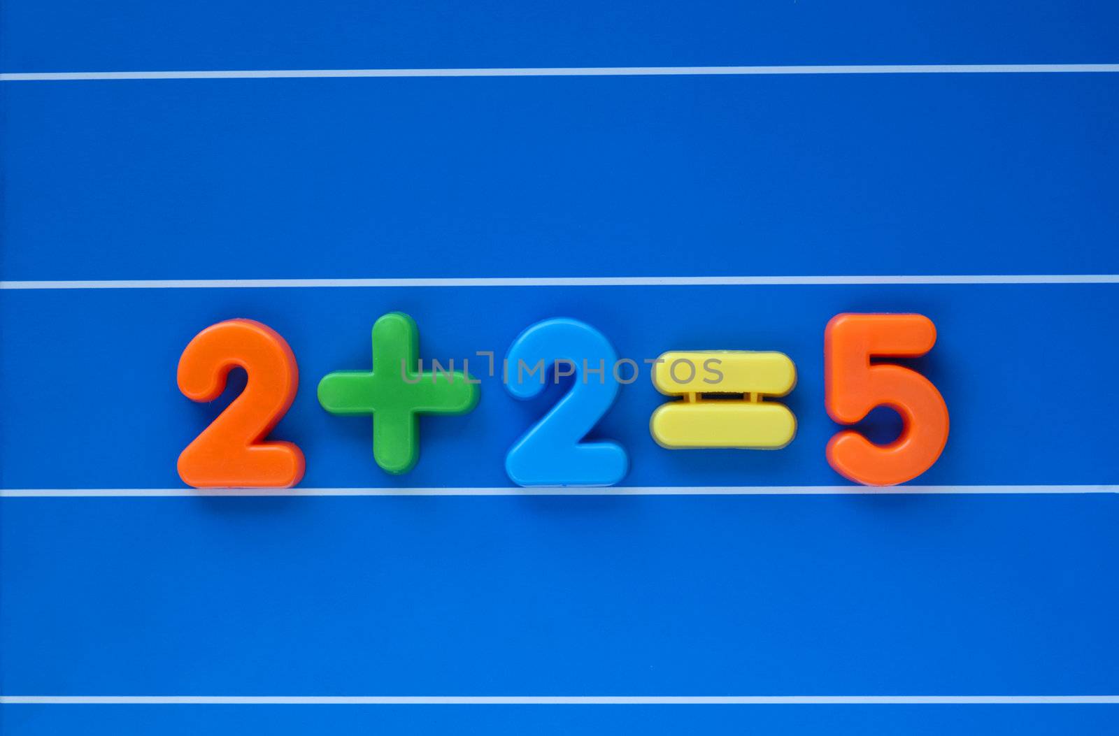 The classic "putting two and two together and getting five", created from a child's toy number set. Sum placed in centre of image.