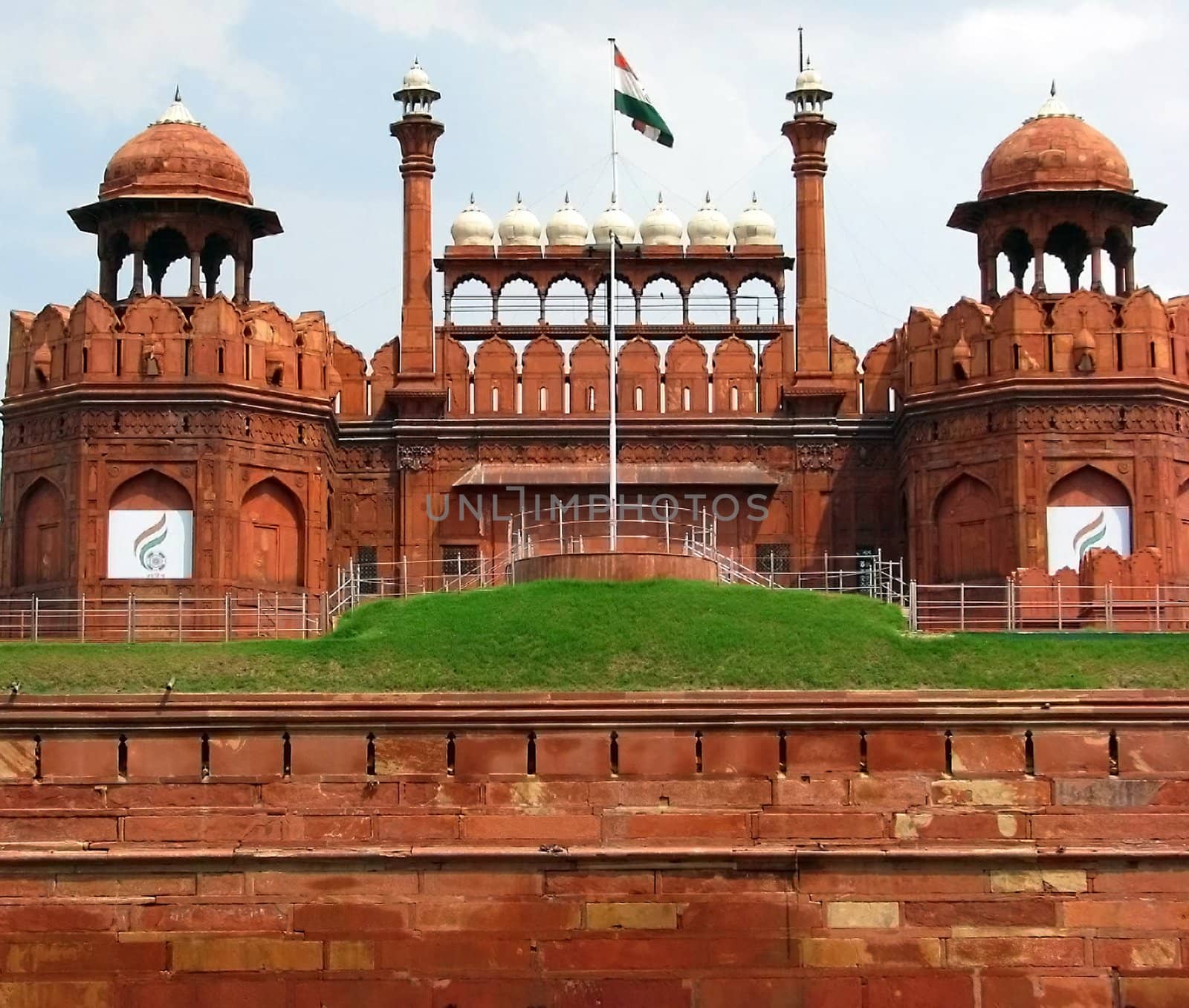 View of the Red Fort front wall in New Delhi, India. Built in the 1600's by Mughal Emperor Shah Jahan.