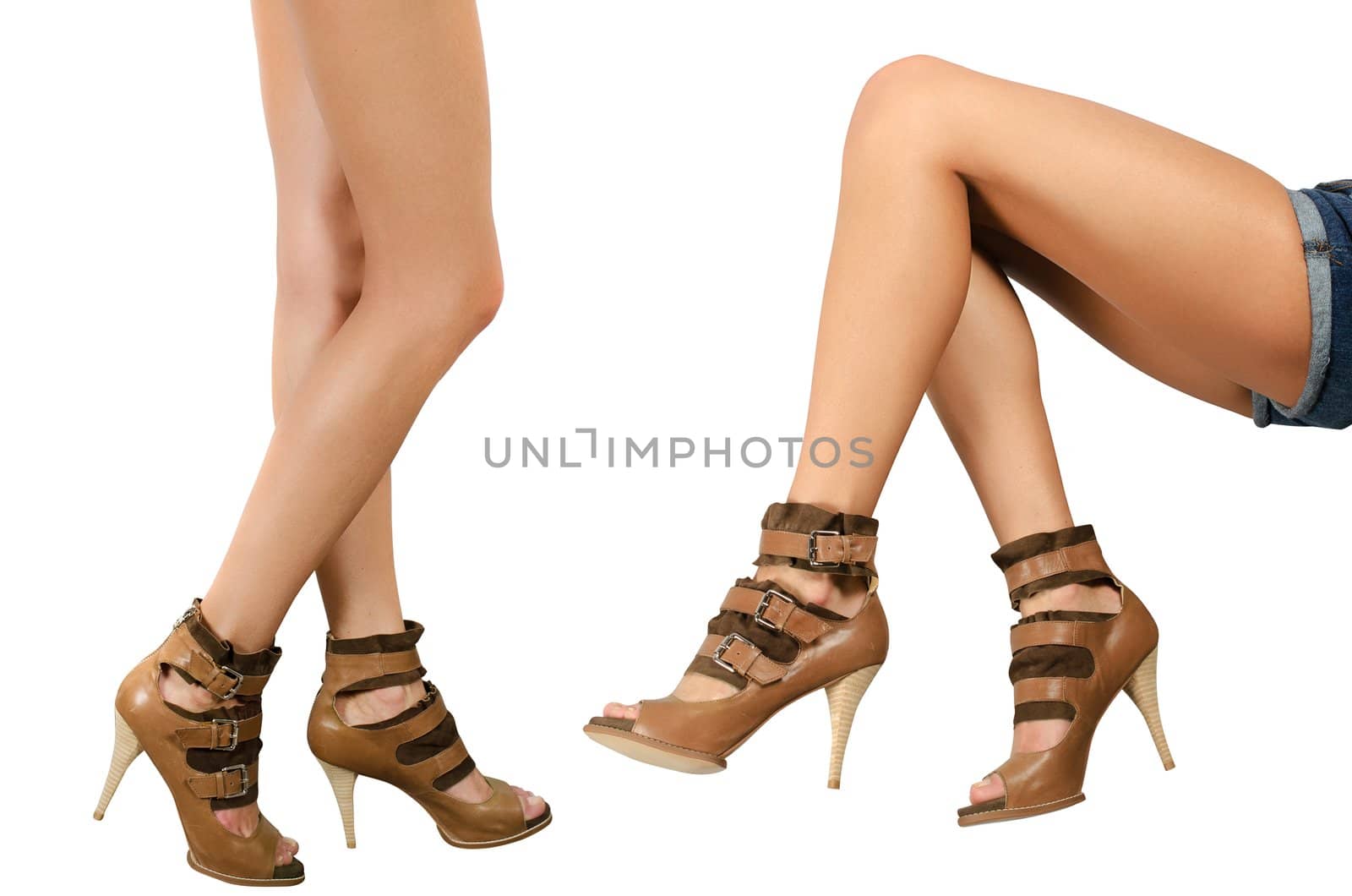 beautiful femail legs in shoes isolated on white