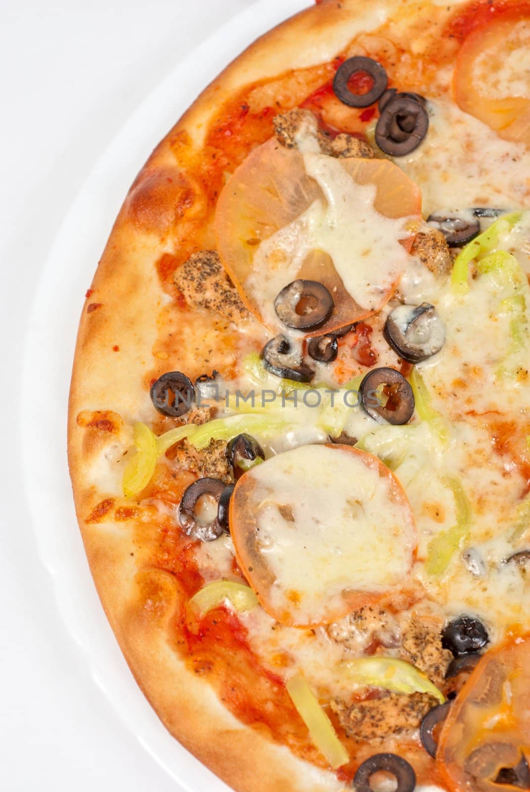 seafood pizza closeup with salmon, shrimps, tomato, pepper, olive and mozzarella cheese on a white background
