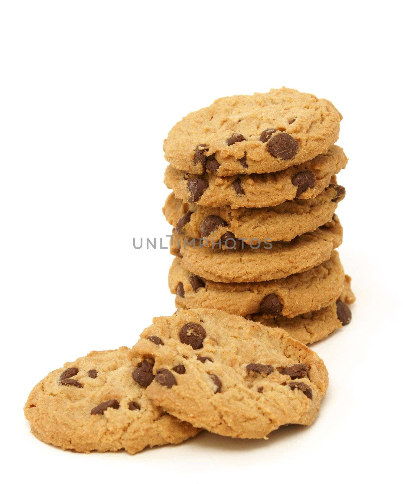 A stack of chocolate chip cookies isolated on white background.
