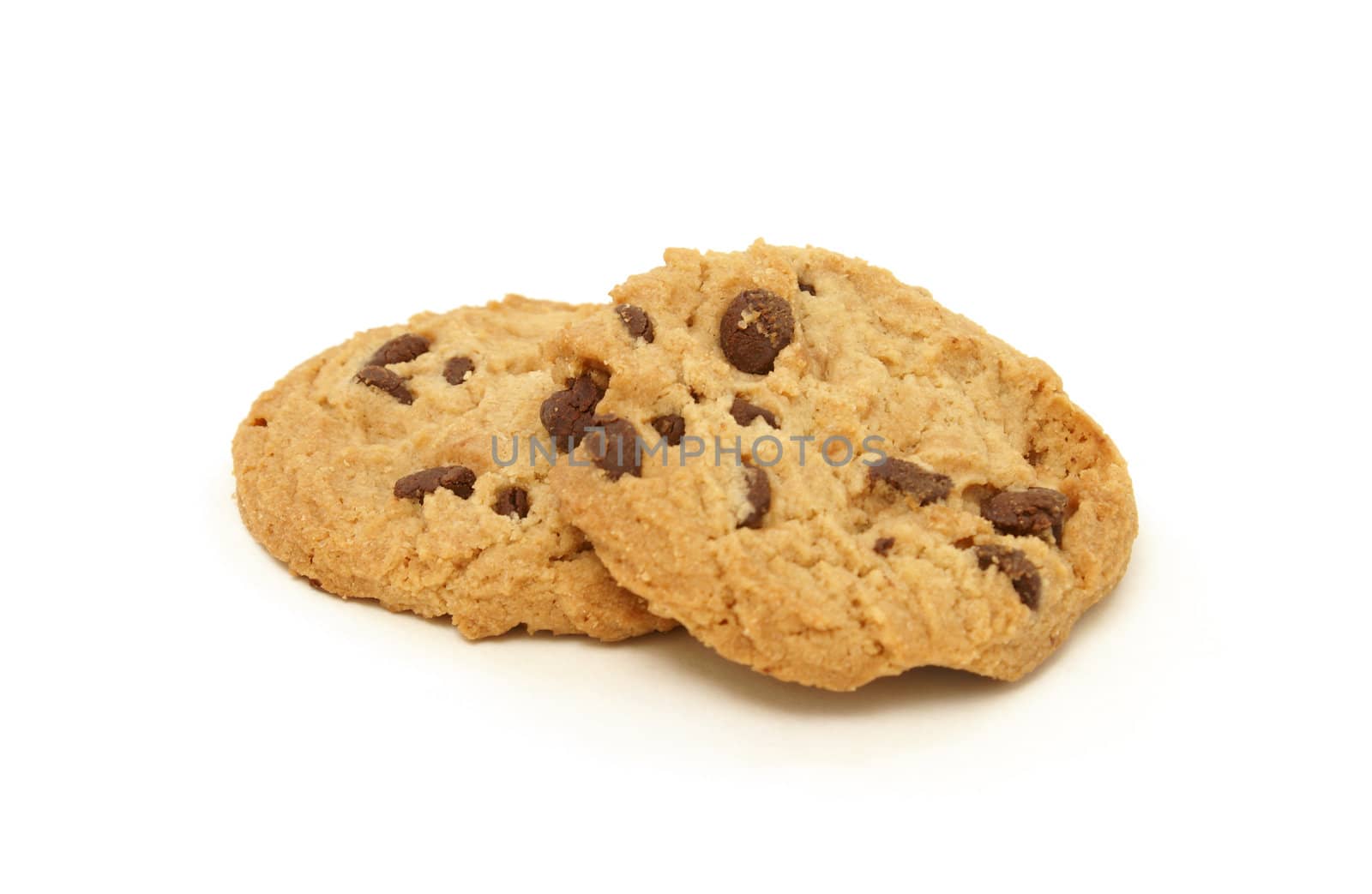 A couple of chocolate chip cookies isolated on white background.