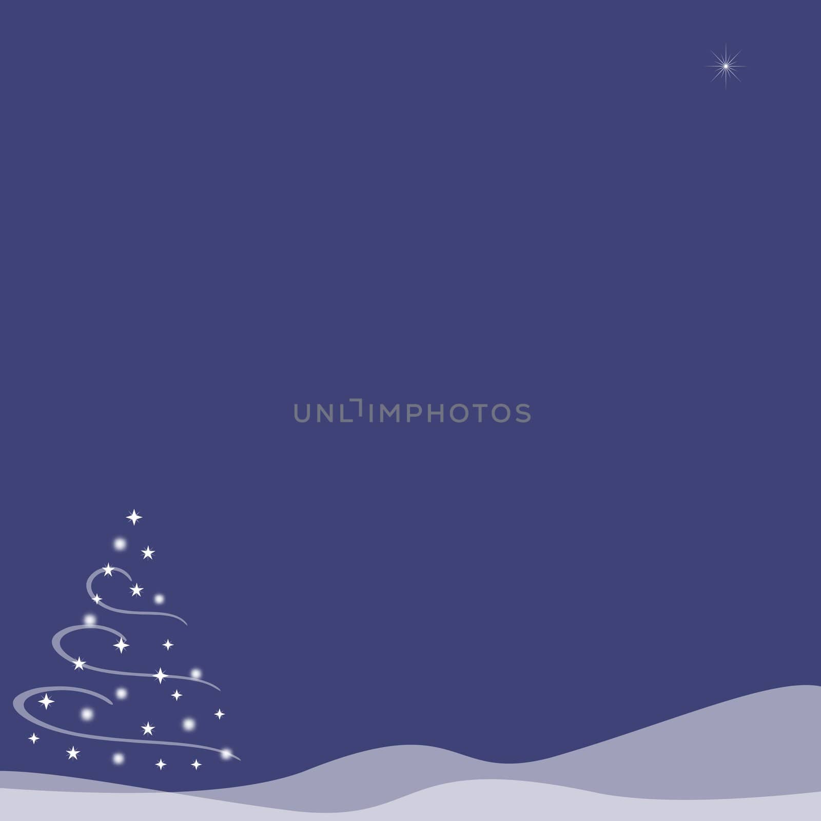 Abstract illustration of of a Christmas tree made from stars and surrounded by swirls of white on top of snow hills created with transparency.  A single star shines in the sky. Indigo blue background.  Copy space.
