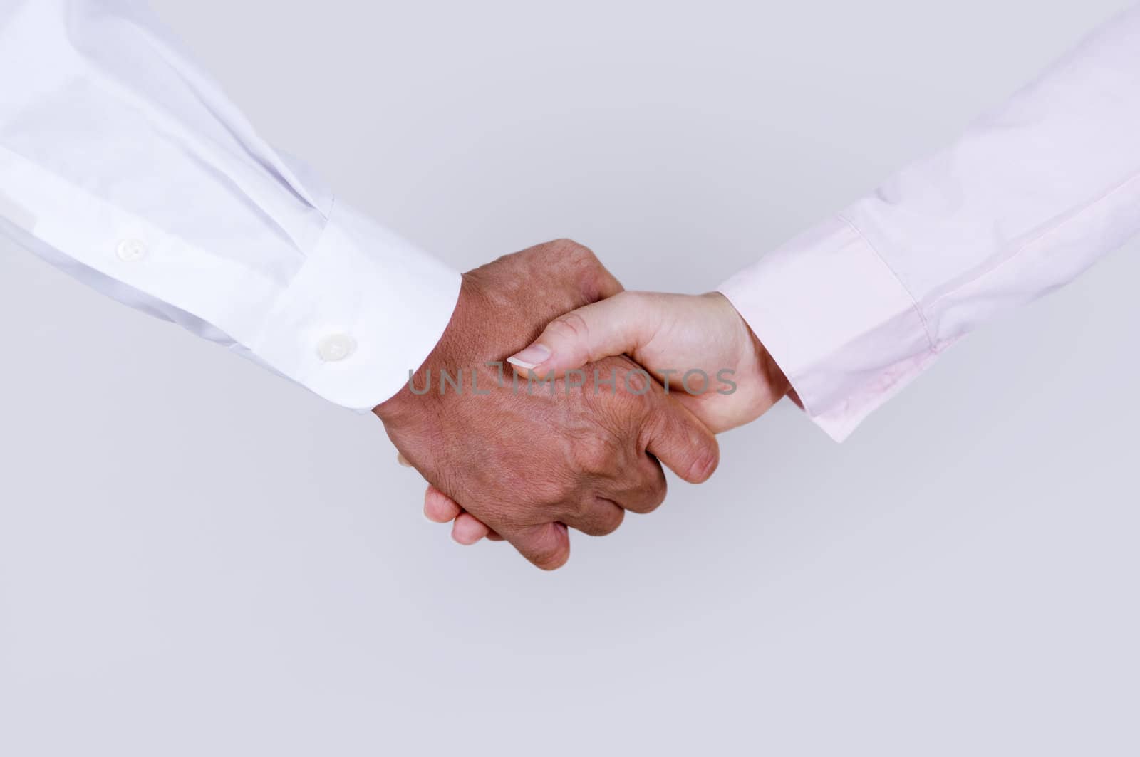 Businesswoman and Businessman hands shaking on plain background.