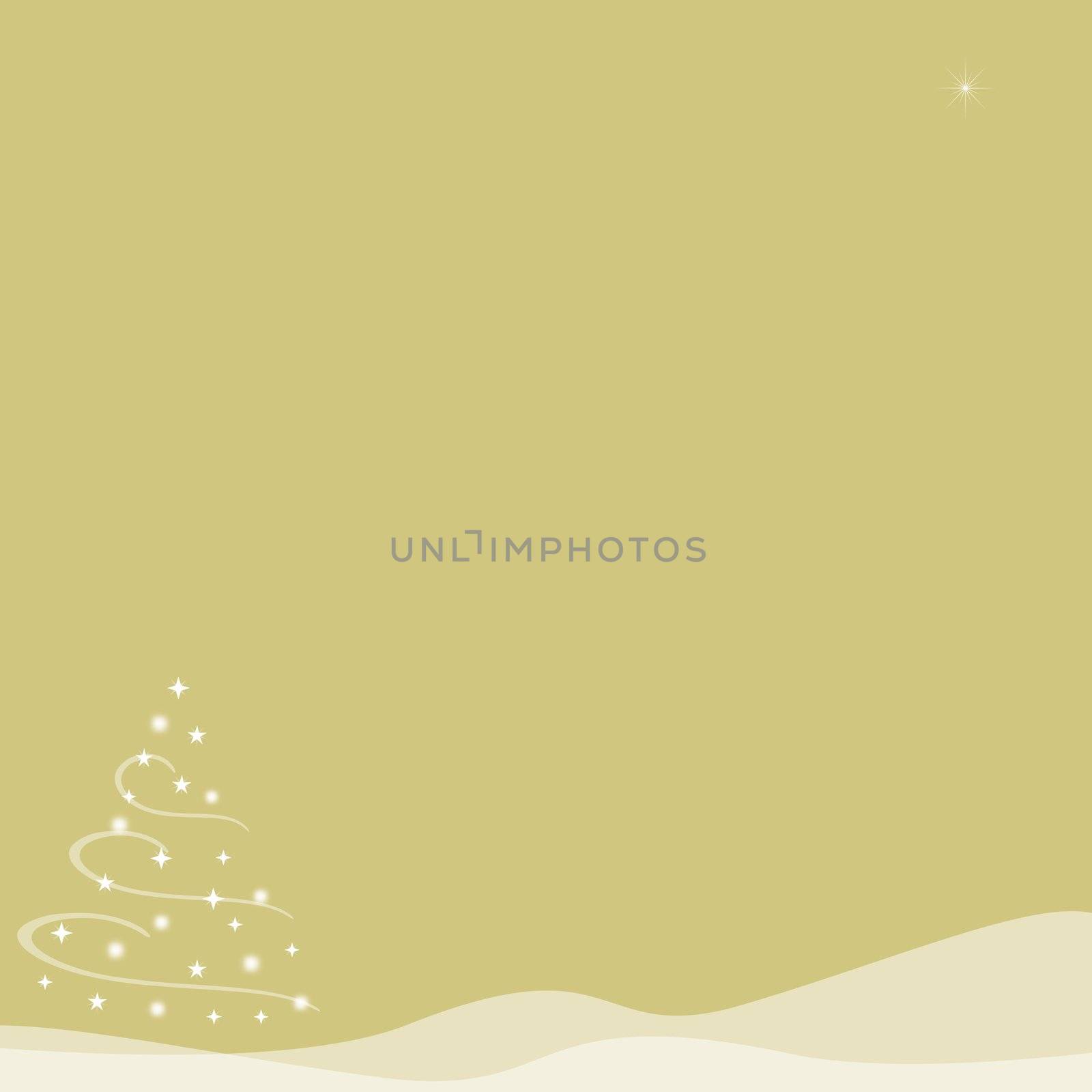 Abstract illustration of of a Christmas tree made from stars and surrounded by swirls of white on top of snow hills created with transparency.  A single star shines in the sky.  Gold background.  Copy space.
