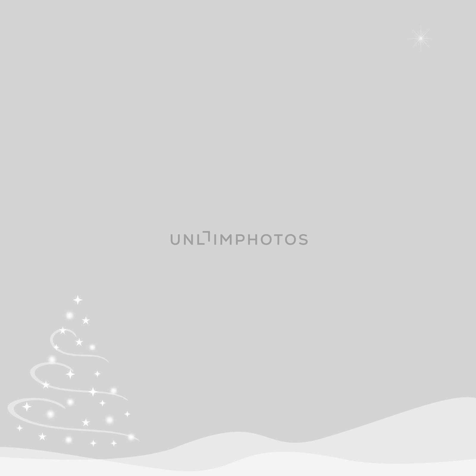 Abstract illustration of of a Christmas tree made from stars and surrounded by swirls of white on top of snow hills created with transparency.  A single star shines in the sky.  Silver background.  Copy space.
