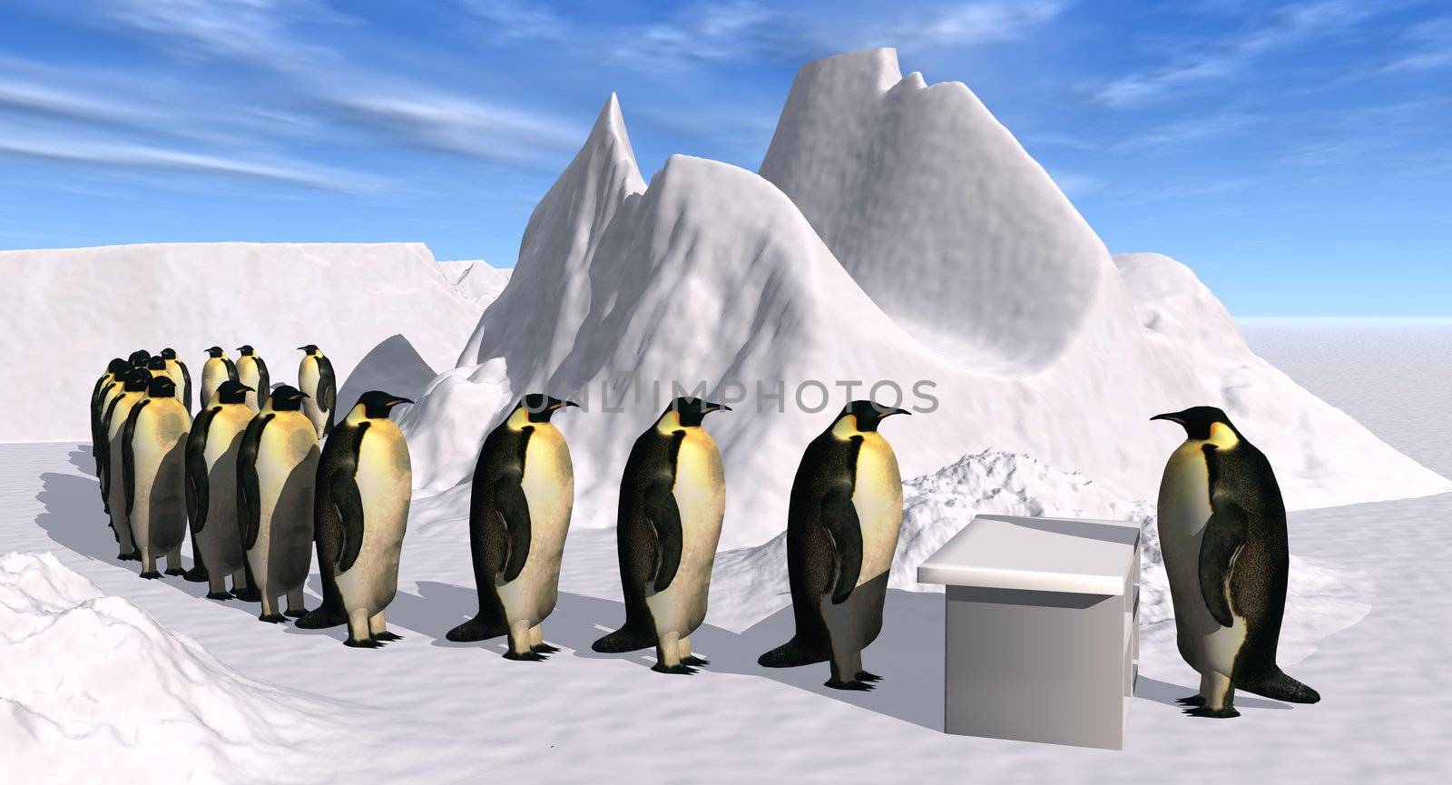 a 3D rendering showing the complaint department of the penguin company