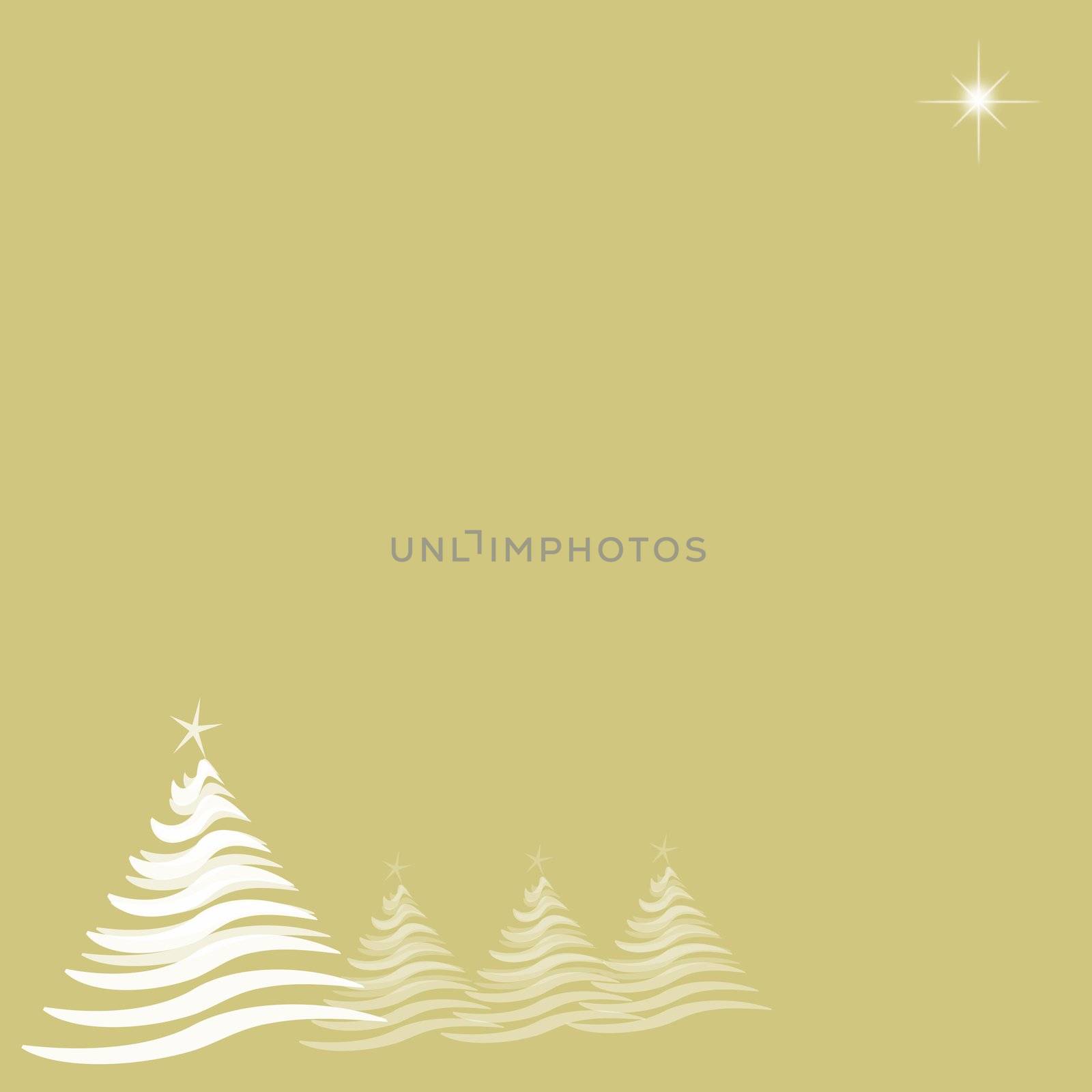 Abstract illustration with four white Christmas trees running from lower left, and one star at top right.  Gold background provides copy space.
