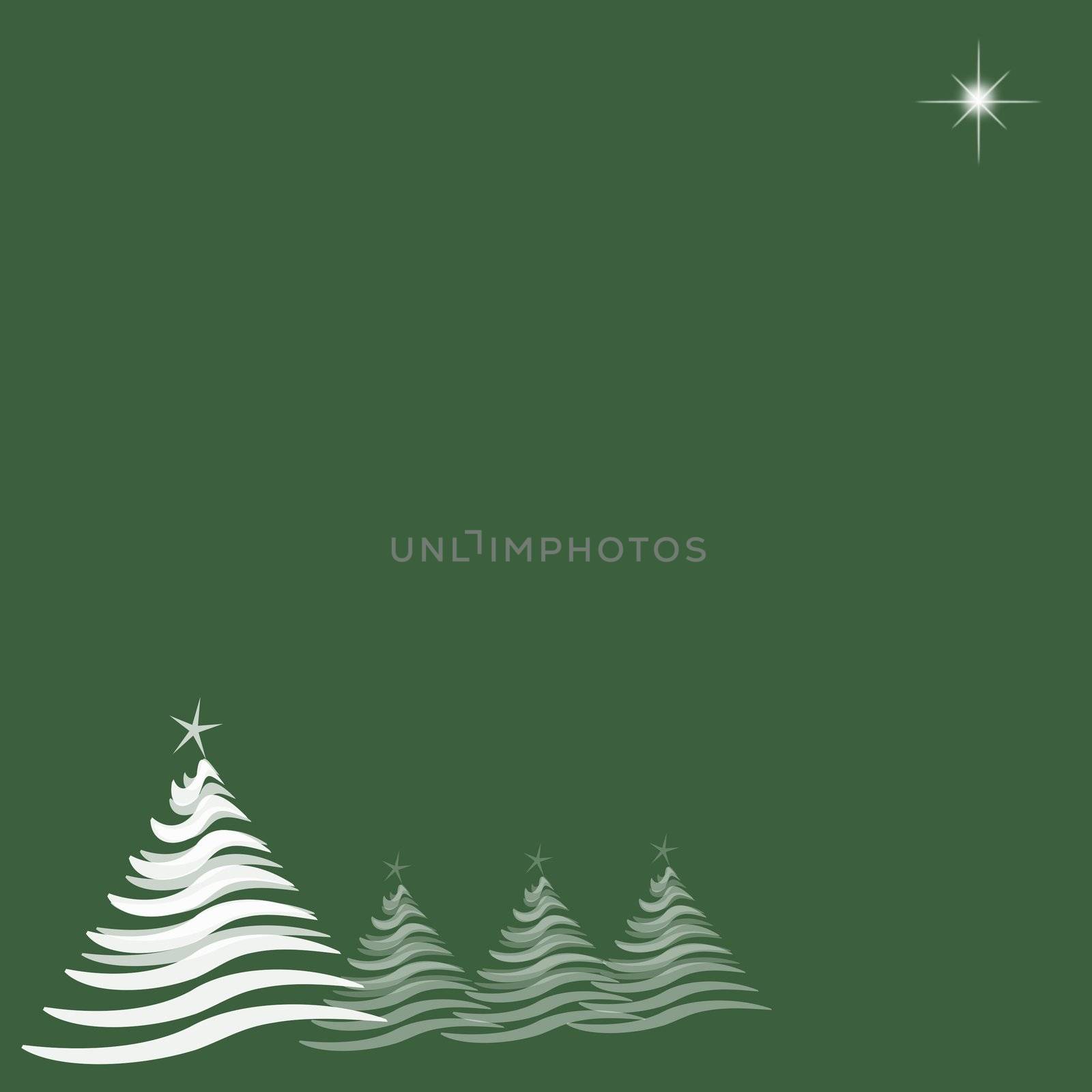 Abstract illustration with four white Christmas trees running from lower left, and one star at top right.  Green background provides copy space.
