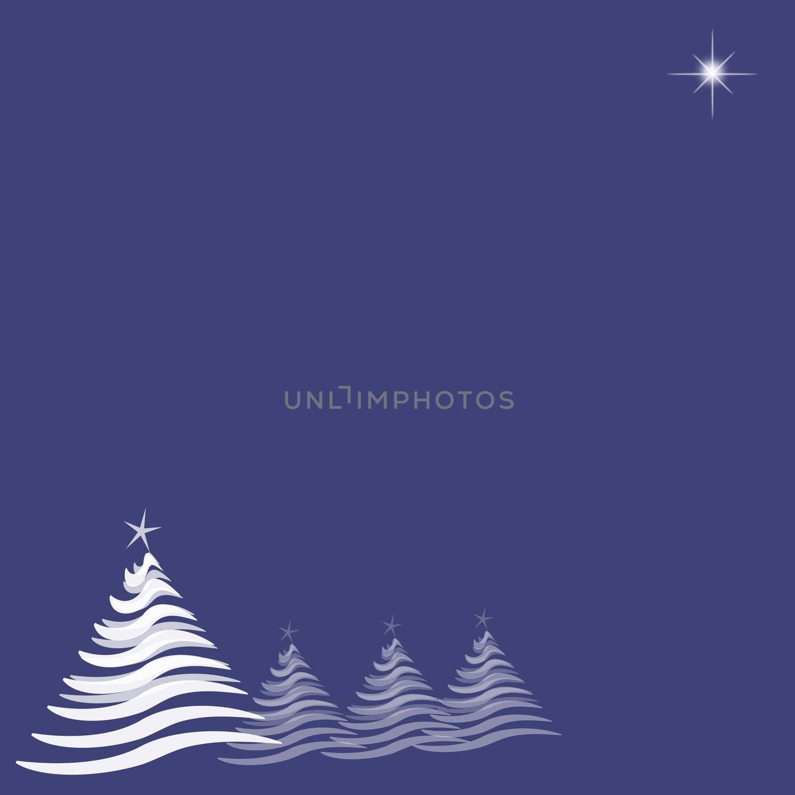 Abstract illustration with four white Christmas trees running from lower left, and one star at top right.  Indigo blue background provides copy space.