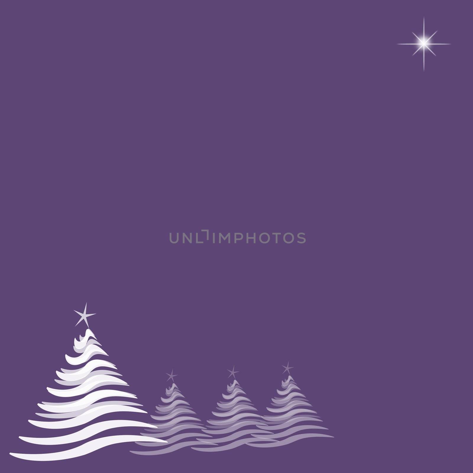 Abstract illustration with four white Christmas trees running from lower left, and one star at top right.  Purple background provides copy space.
