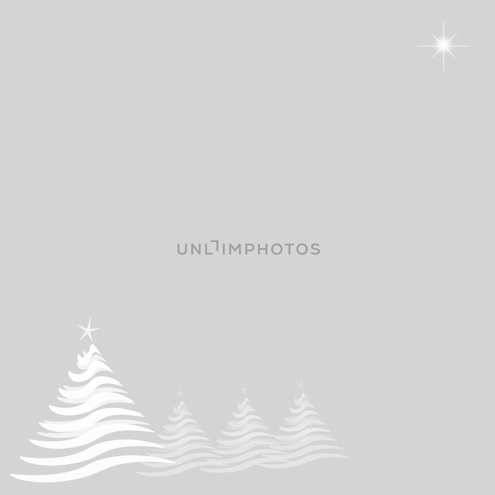 Abstract illustration with four white Christmas trees running from lower left, and one star at top right.  Silver background provides copy space.
