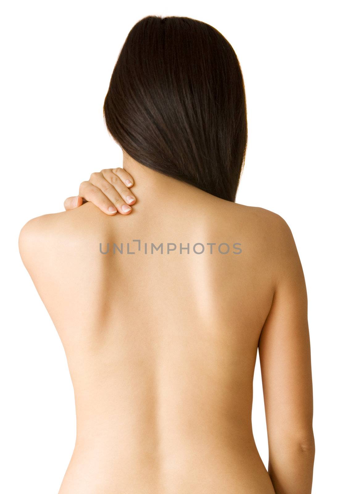 Woman with backache from behind, naked body. 