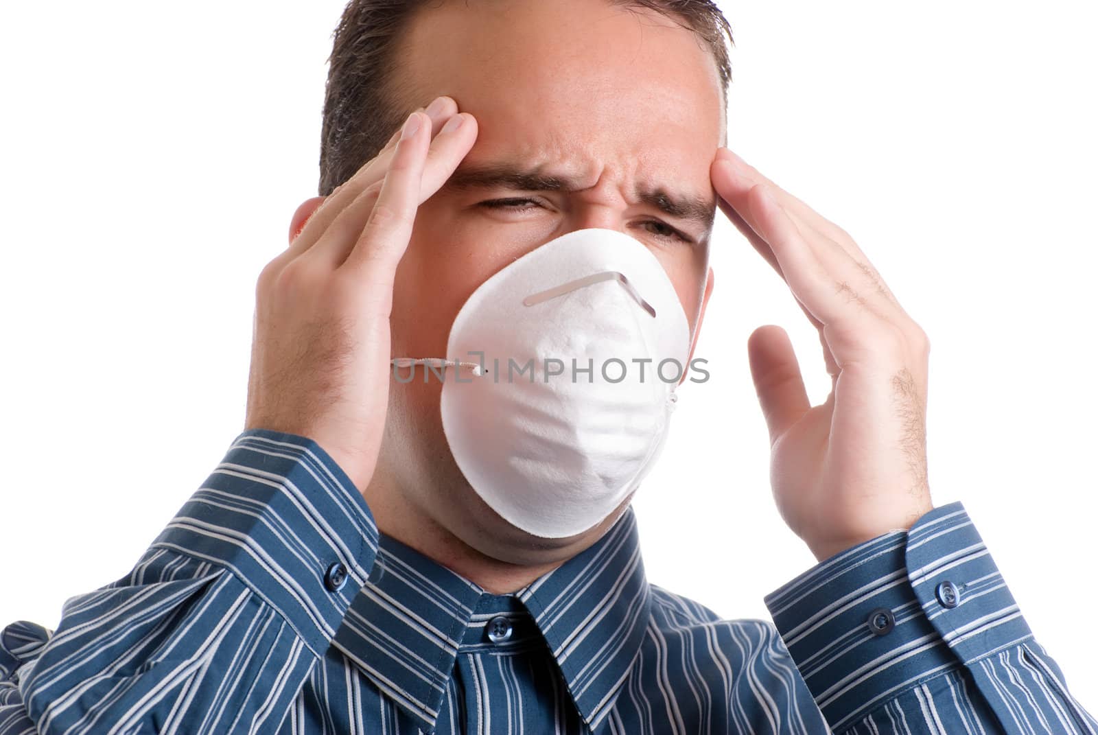 A young man with influenza is suffering from a major headache, isolated against a white background