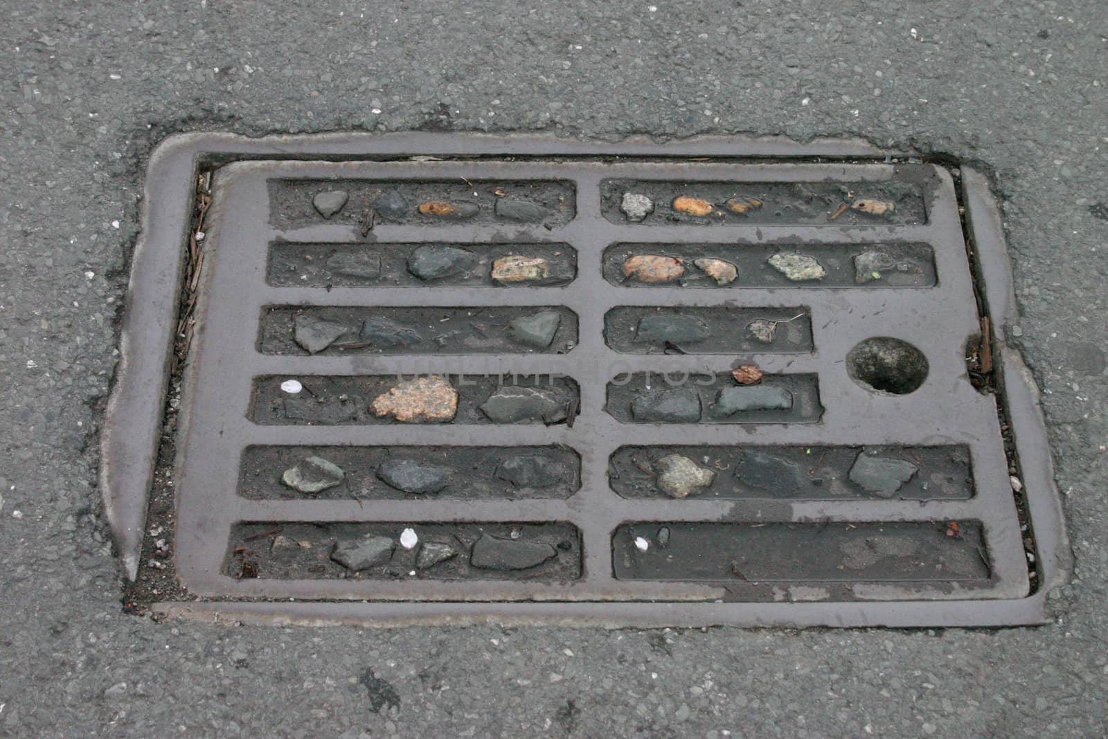 Dirty Drain Grid Packed with Stones