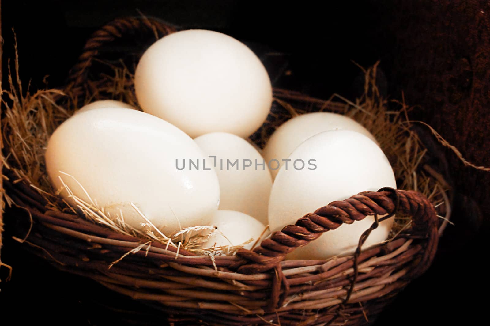 Some big ostrich eggs in basket