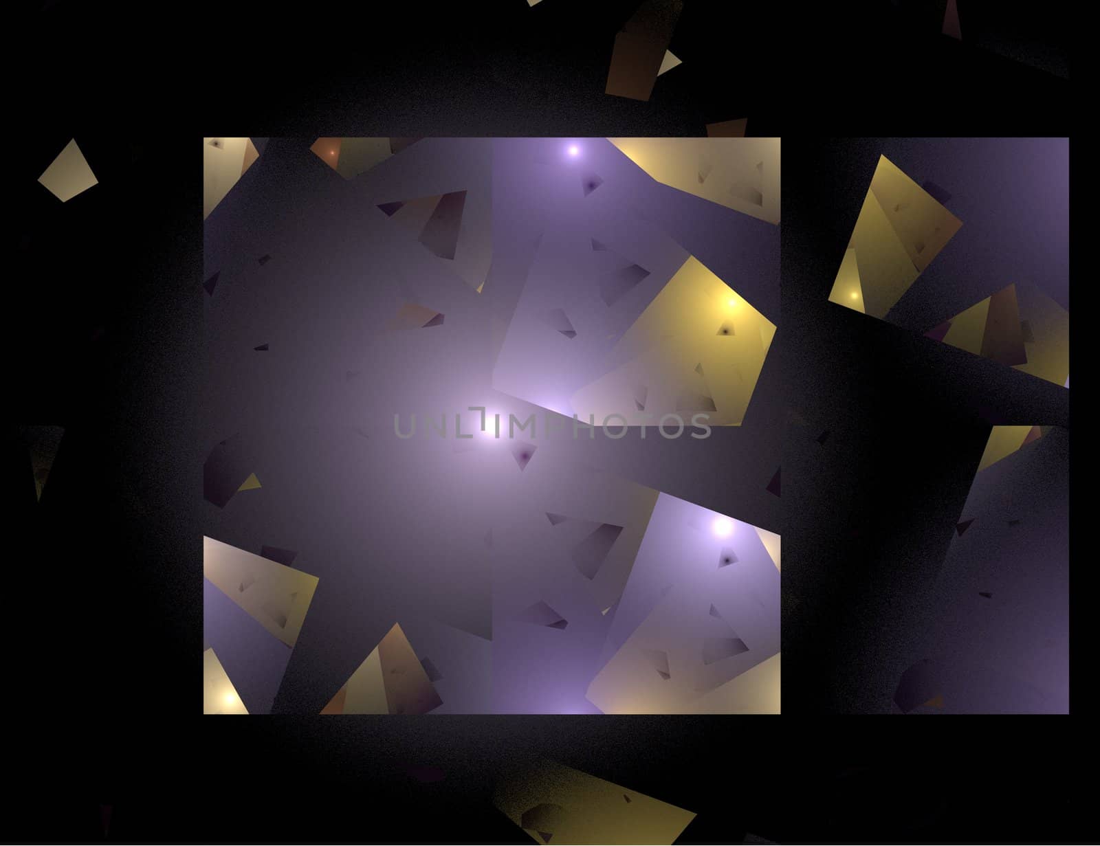 Abstract Shattered Glass Image in Purple and Gold Against a Black Background