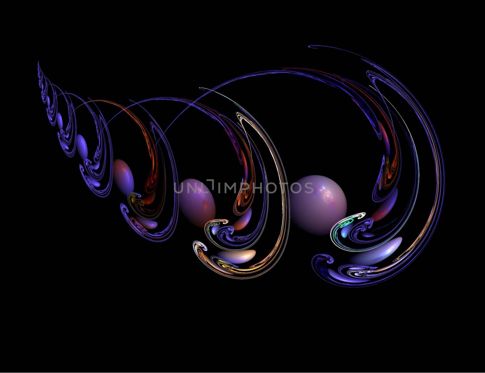 Blue and Red Nested Swirls with Globes on Black