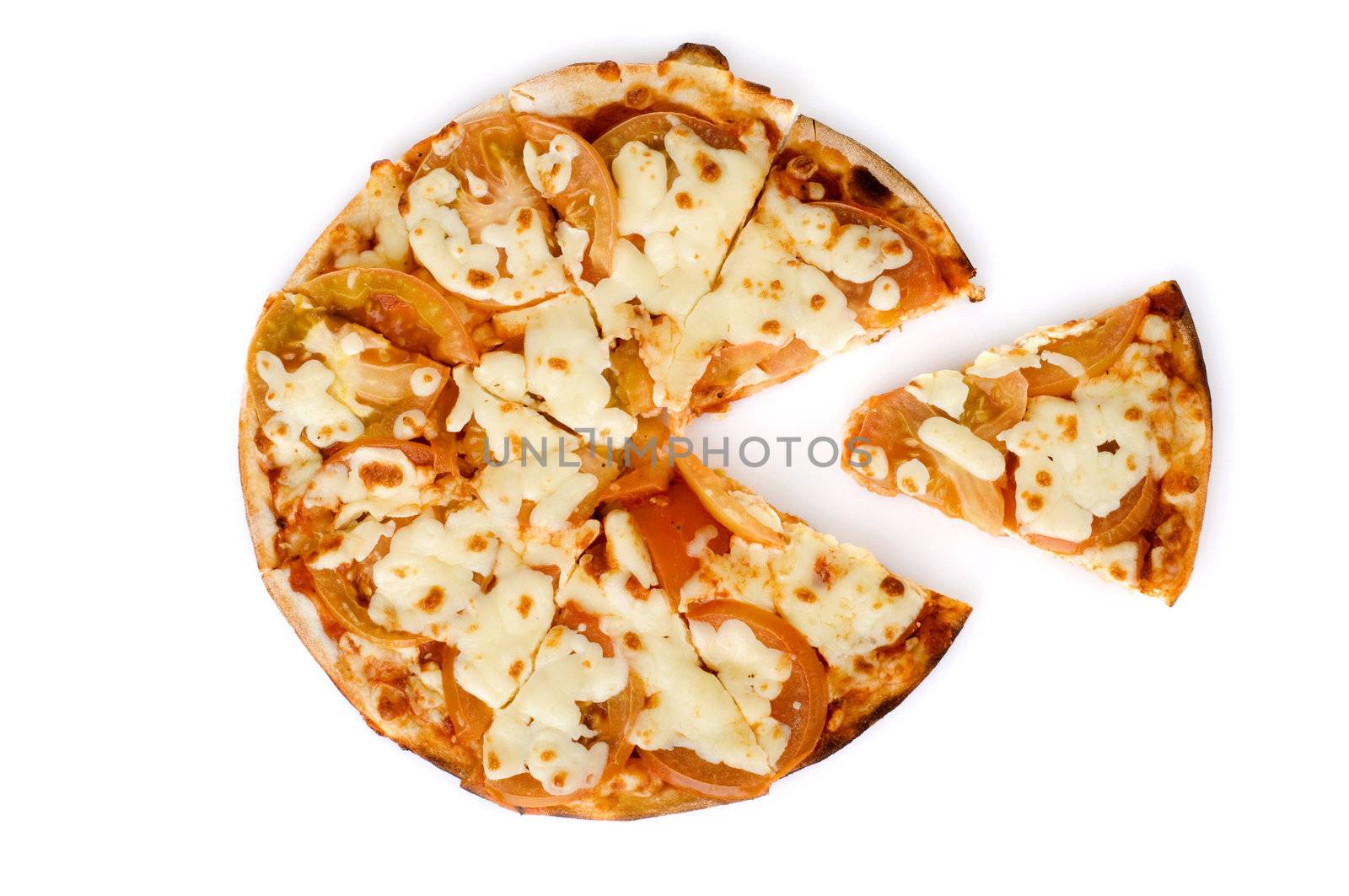 A small Margharita pizza with a slice removed. Studio isolation.