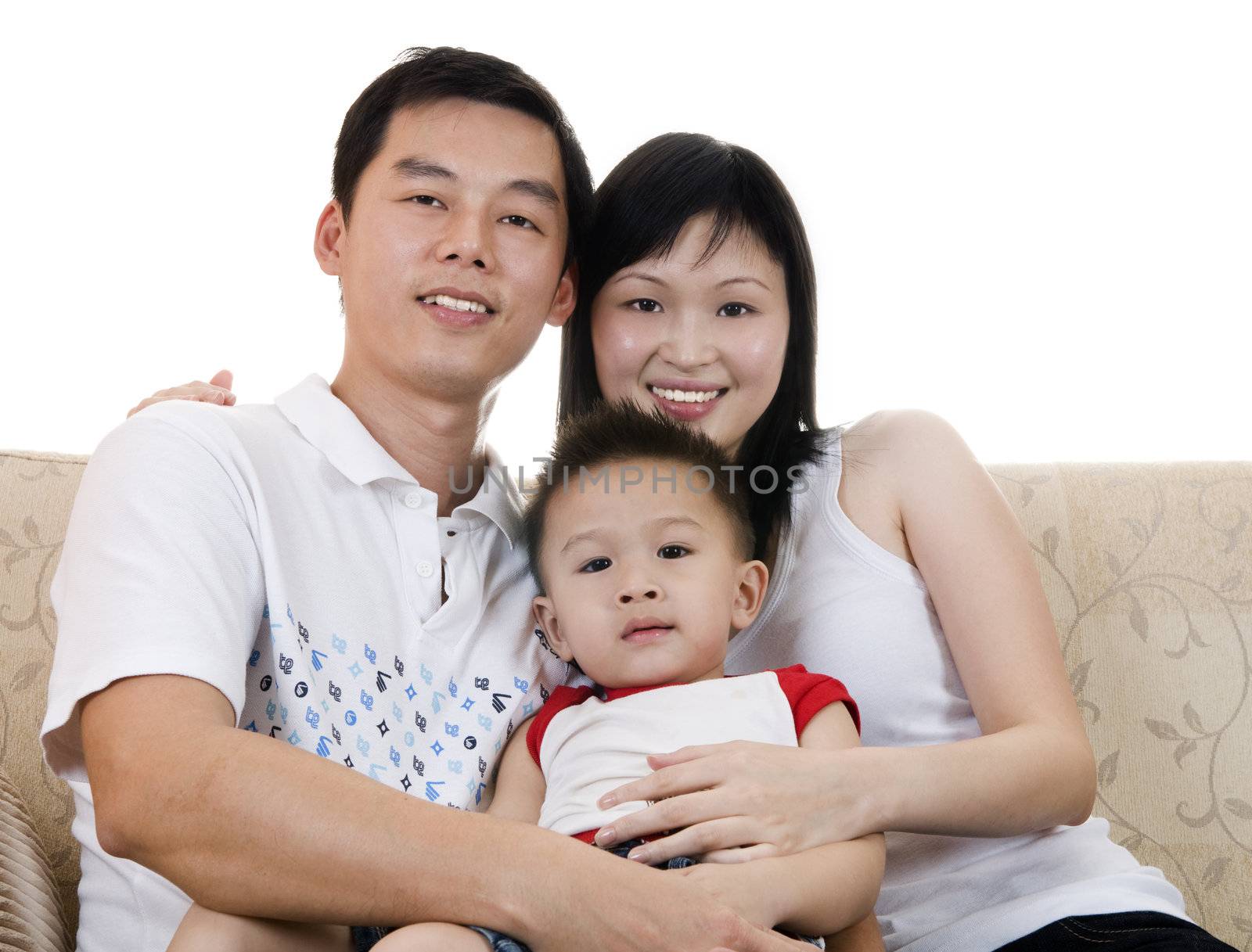 Happy Asian young father, mother and son.