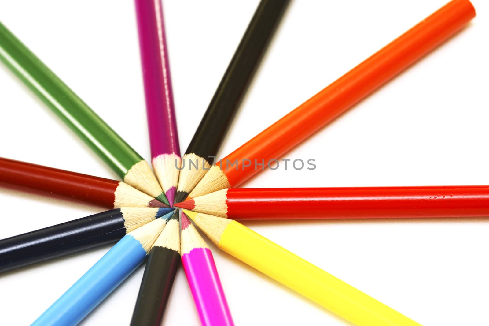 pencils in many colors on a white background