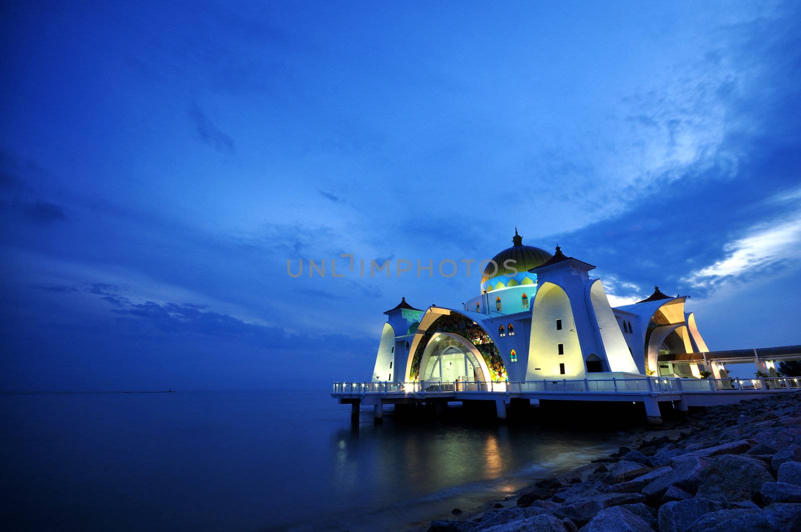 The Selat Melaka Mosque at Melaka, Malaysia in dusk.
