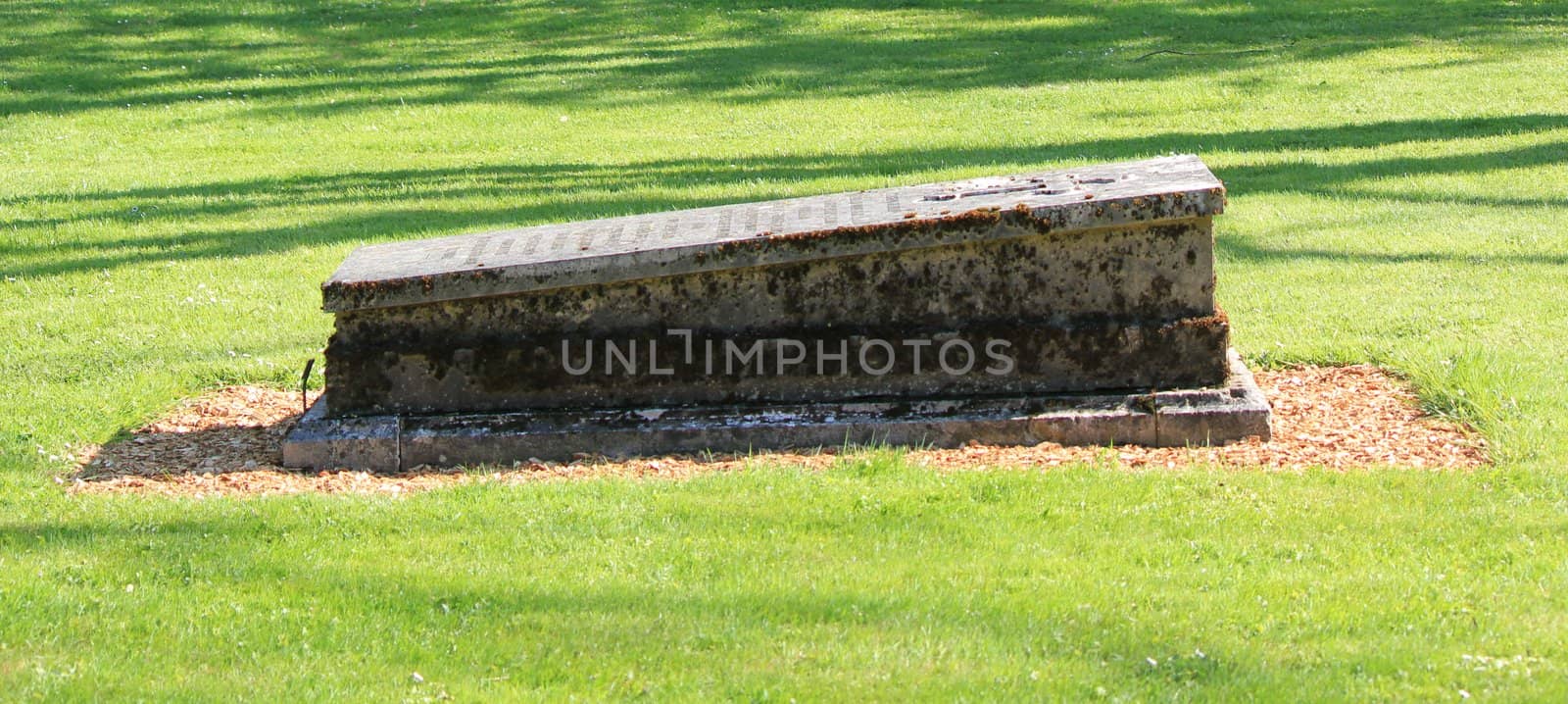 Old grey tombstone surrounded by green grass in a cemetery