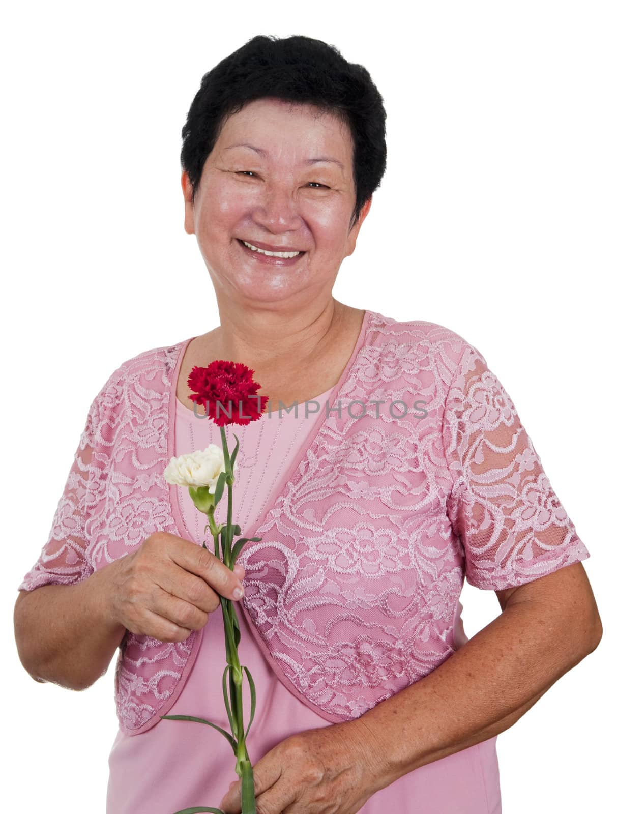 Happy Senior Asian Woman with carnation flower