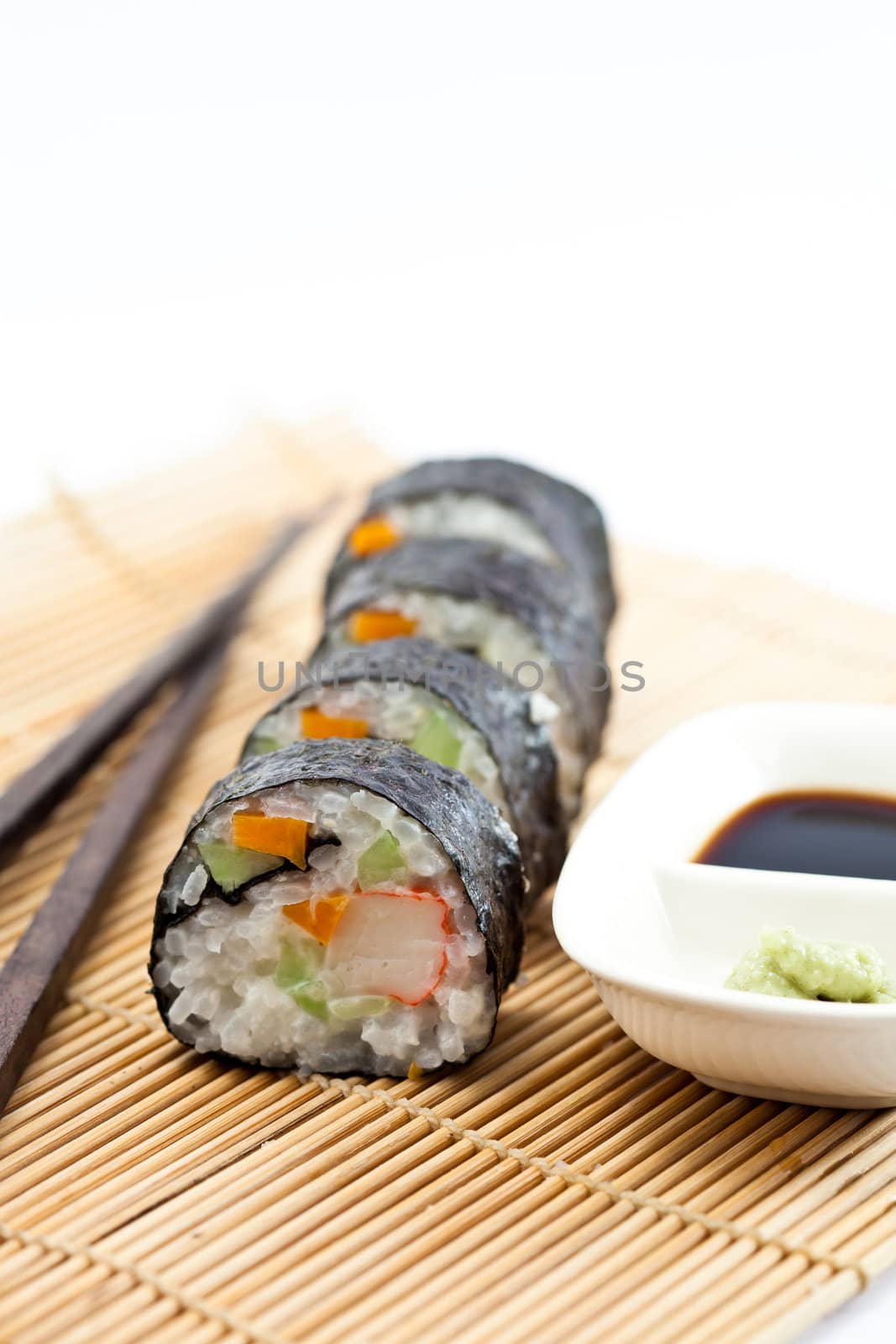 close up Sushi Roll with soy sauce.