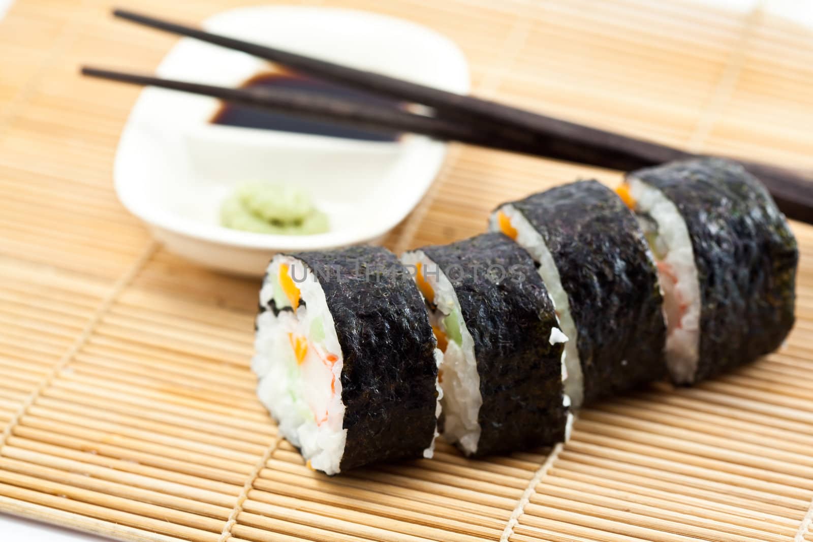 close up Sushi Roll with soy sauce.