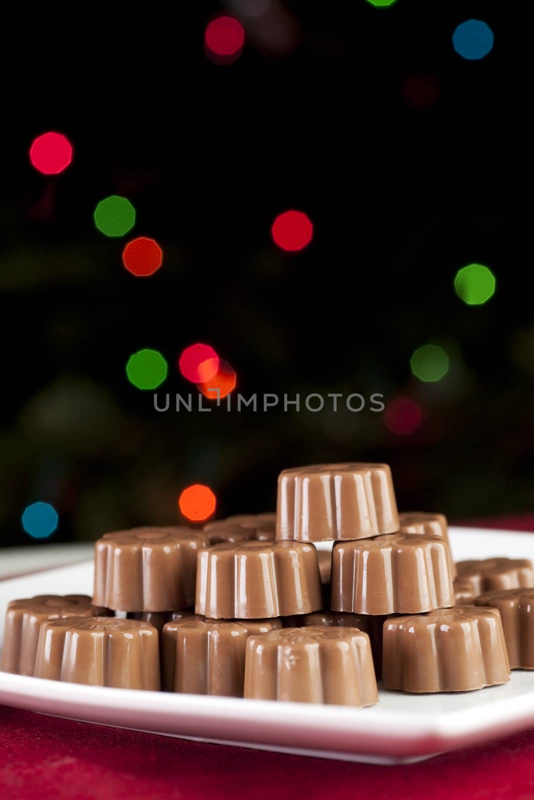 Gourmet milk chocolates in front of Christmas lights.