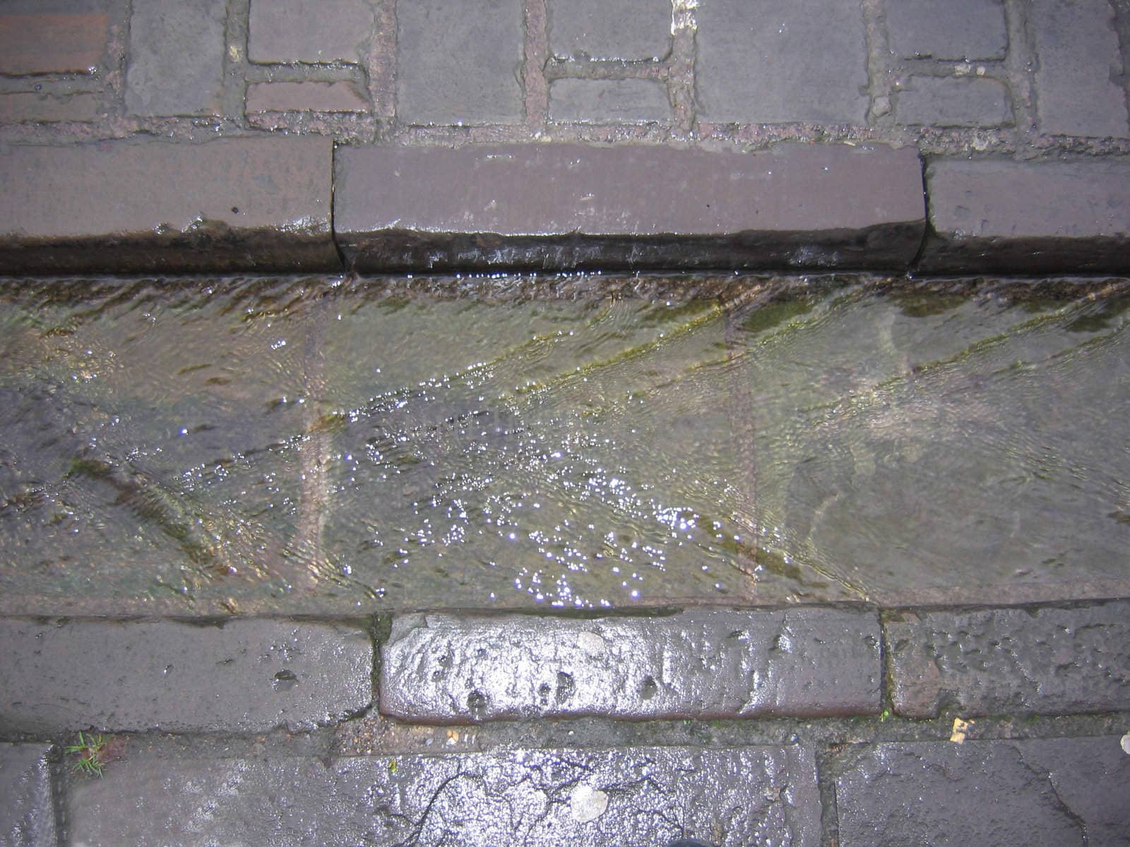 Water running along open street gutter in Wells England