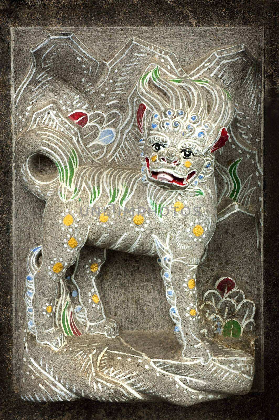 Pixiu is a Chinese mythical hybrid creature considered to be a very powerful protector to practitioners of Feng Shui. Photo taken at Wen Wu Temple, Taiwan.