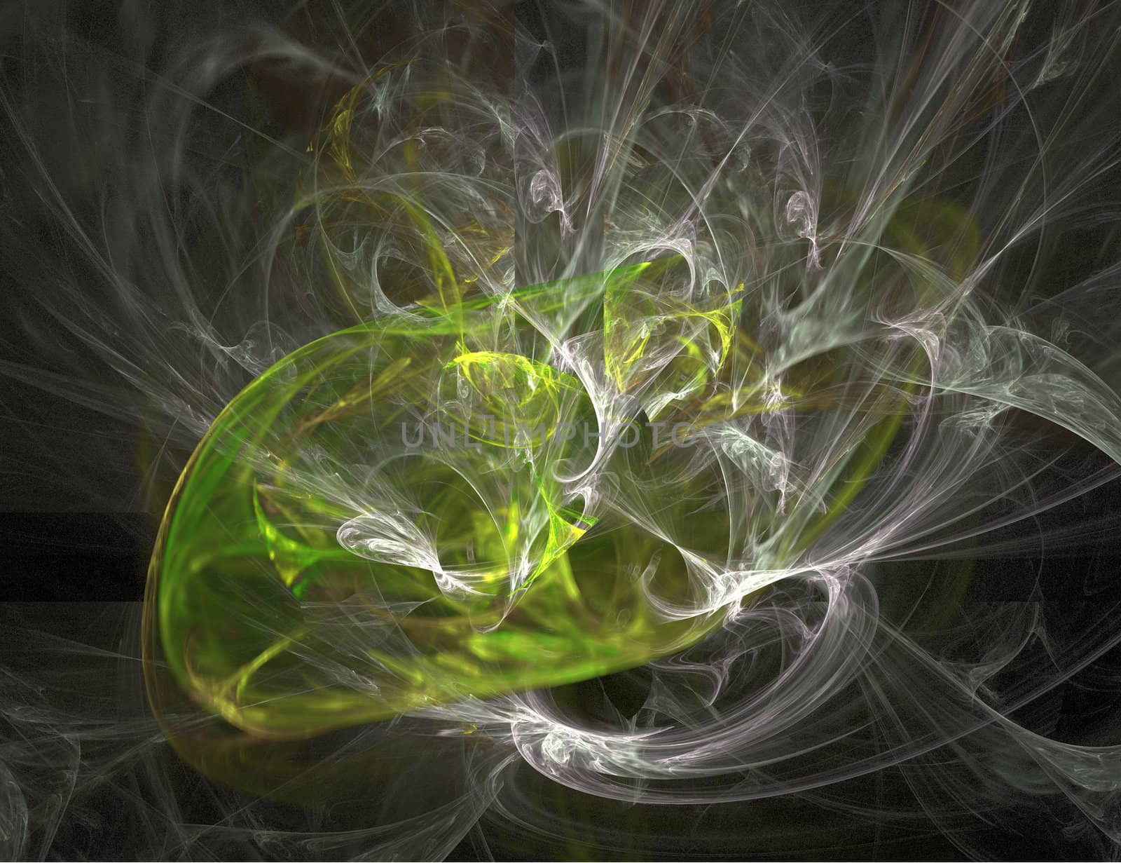 Bright Green and Silver Abstract Shape on Black Background