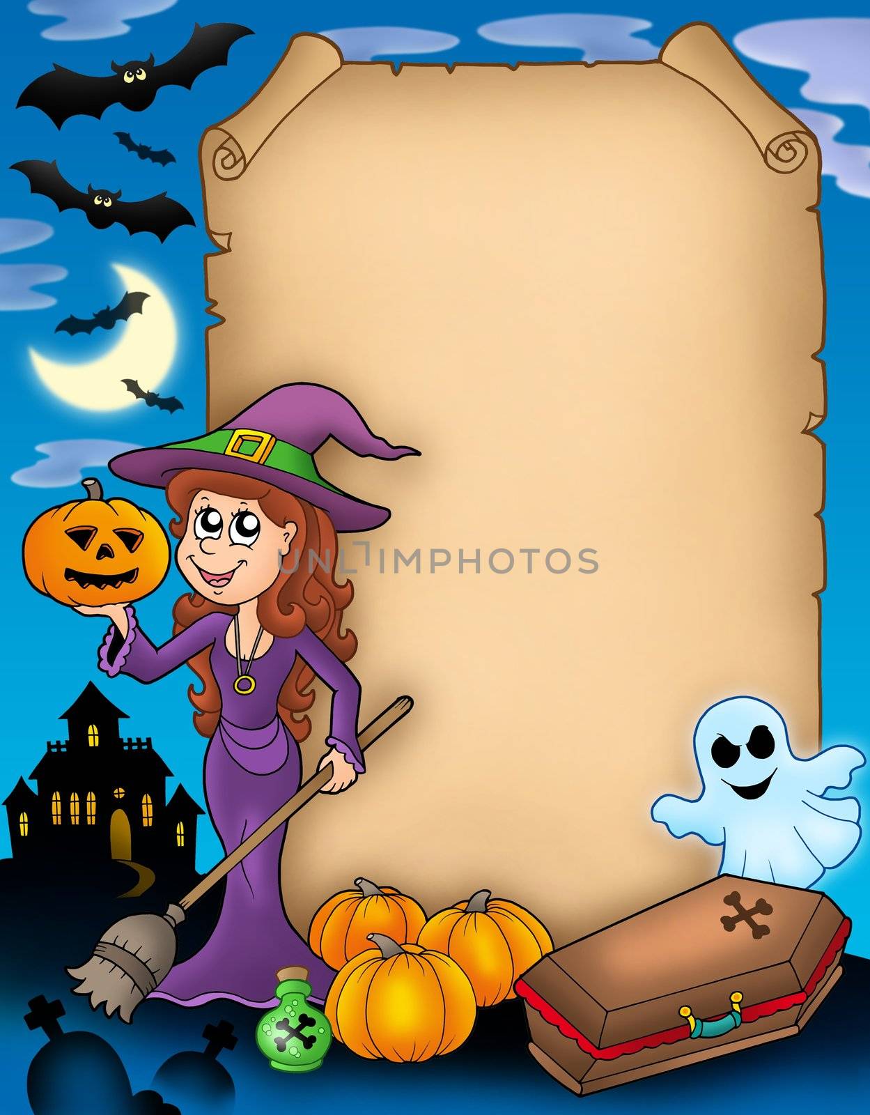 Halloween parchment 4 with various objects - color illustration.