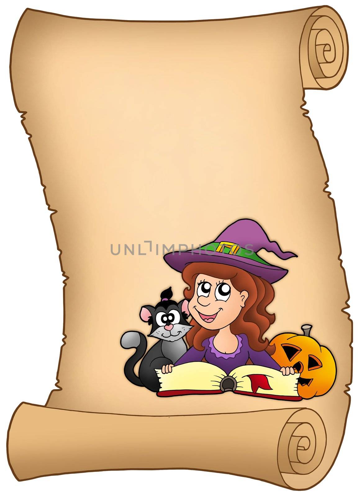 Parchment with Halloween girl - color illustration.