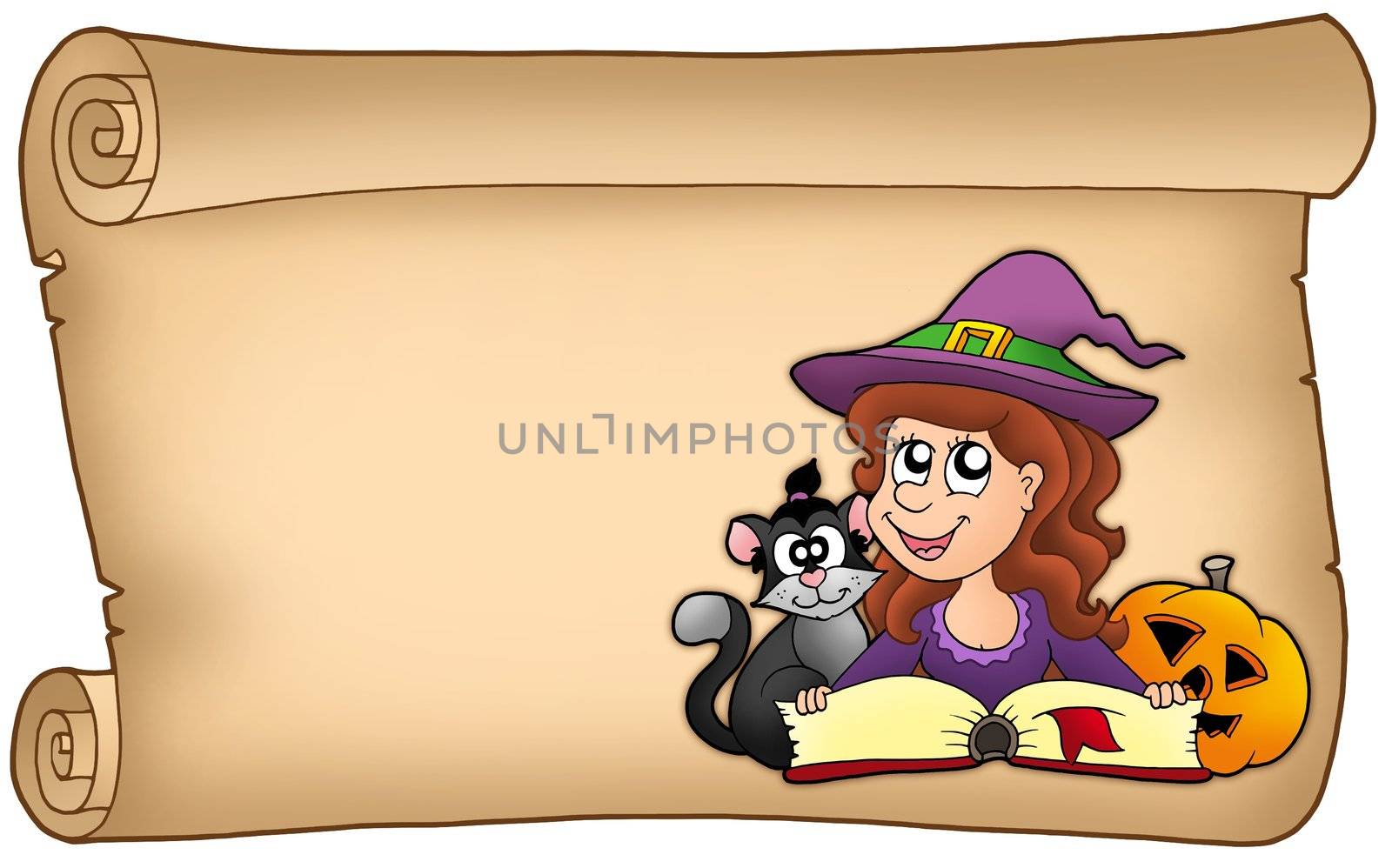 Scroll with Halloween girl - color illustration.