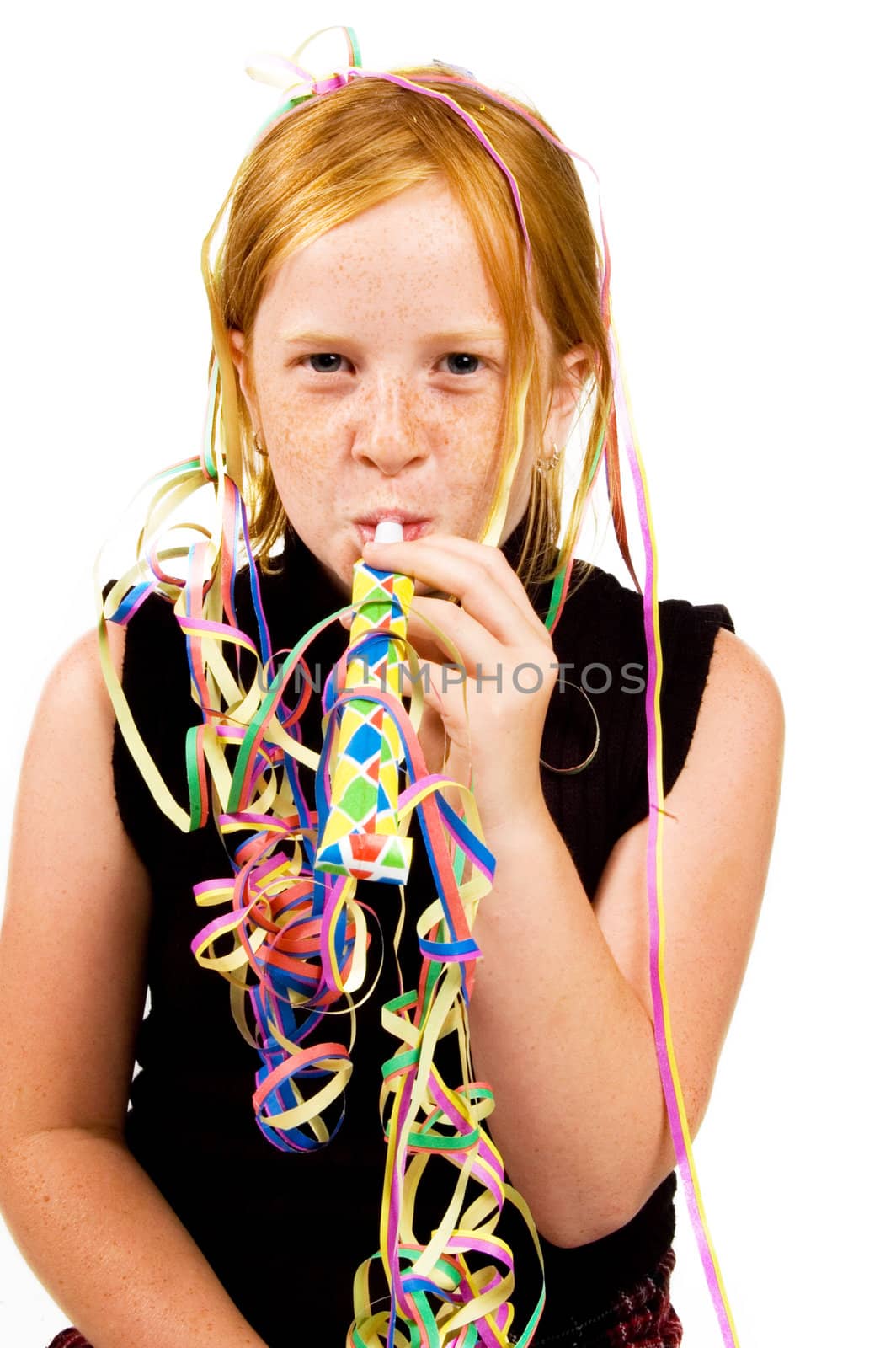 young girl is celebrating her birthday on white