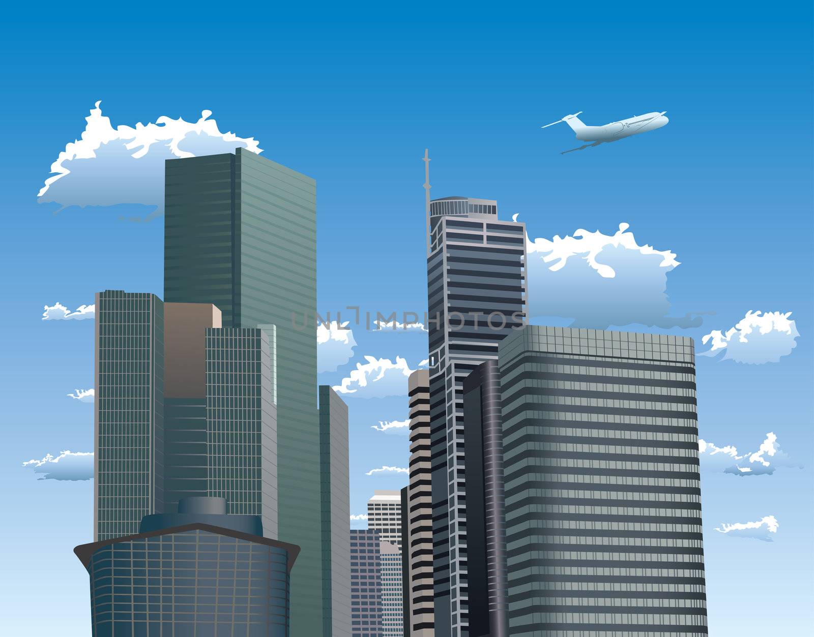 Vector illustration of skyscrapers. Blue sky with white clouds and flying airplane in background.