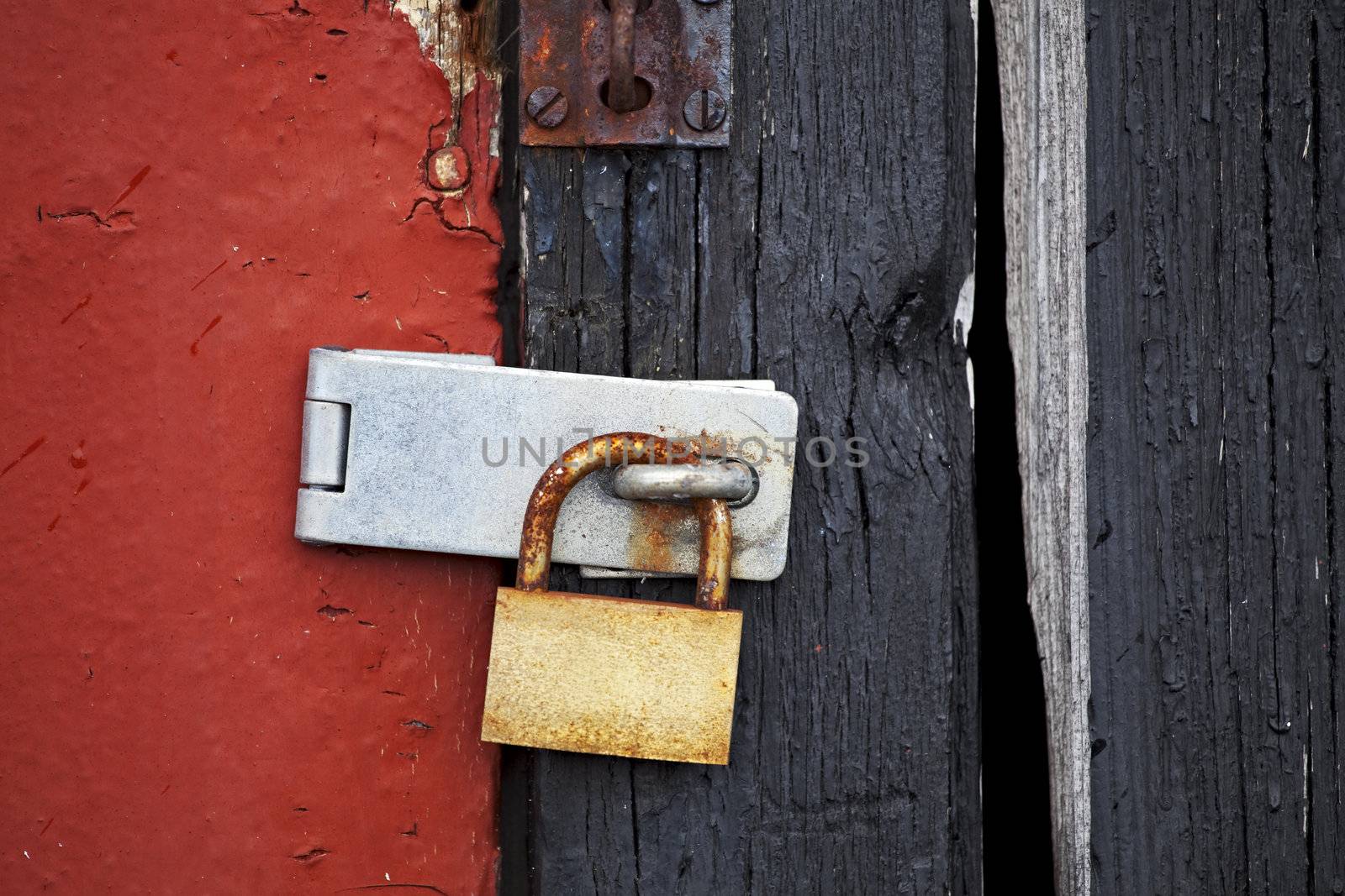 rusty old padlock on a wooden door