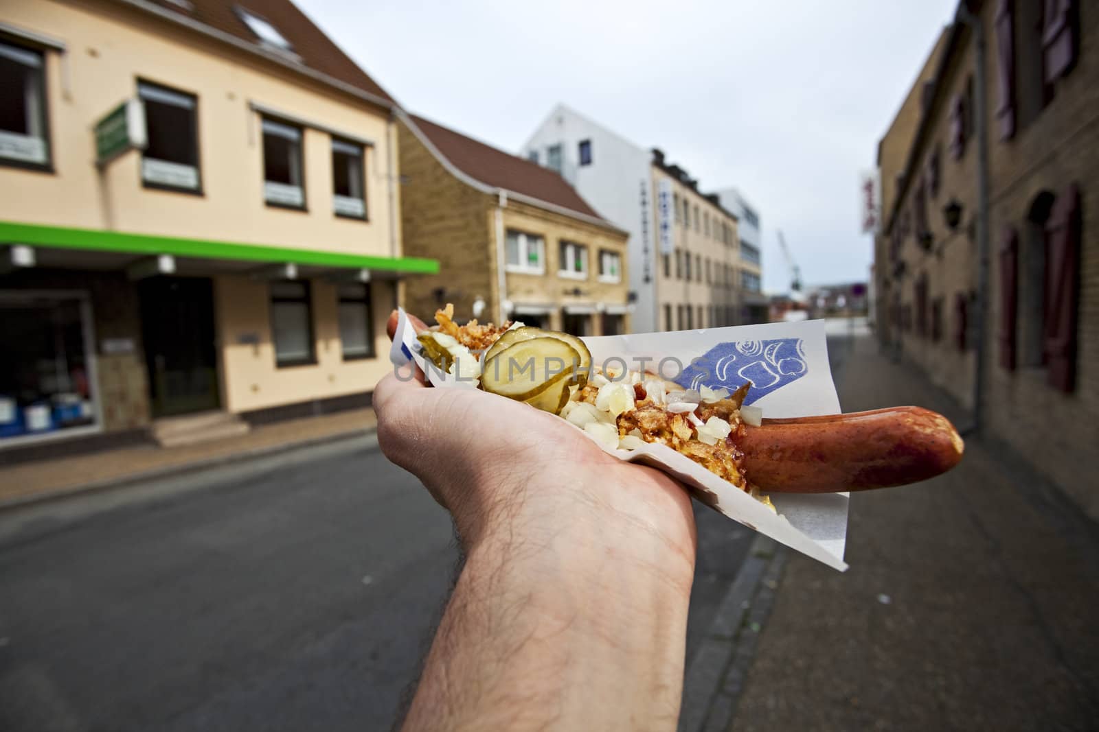 hand holding a hotdog in a bun by bernjuer