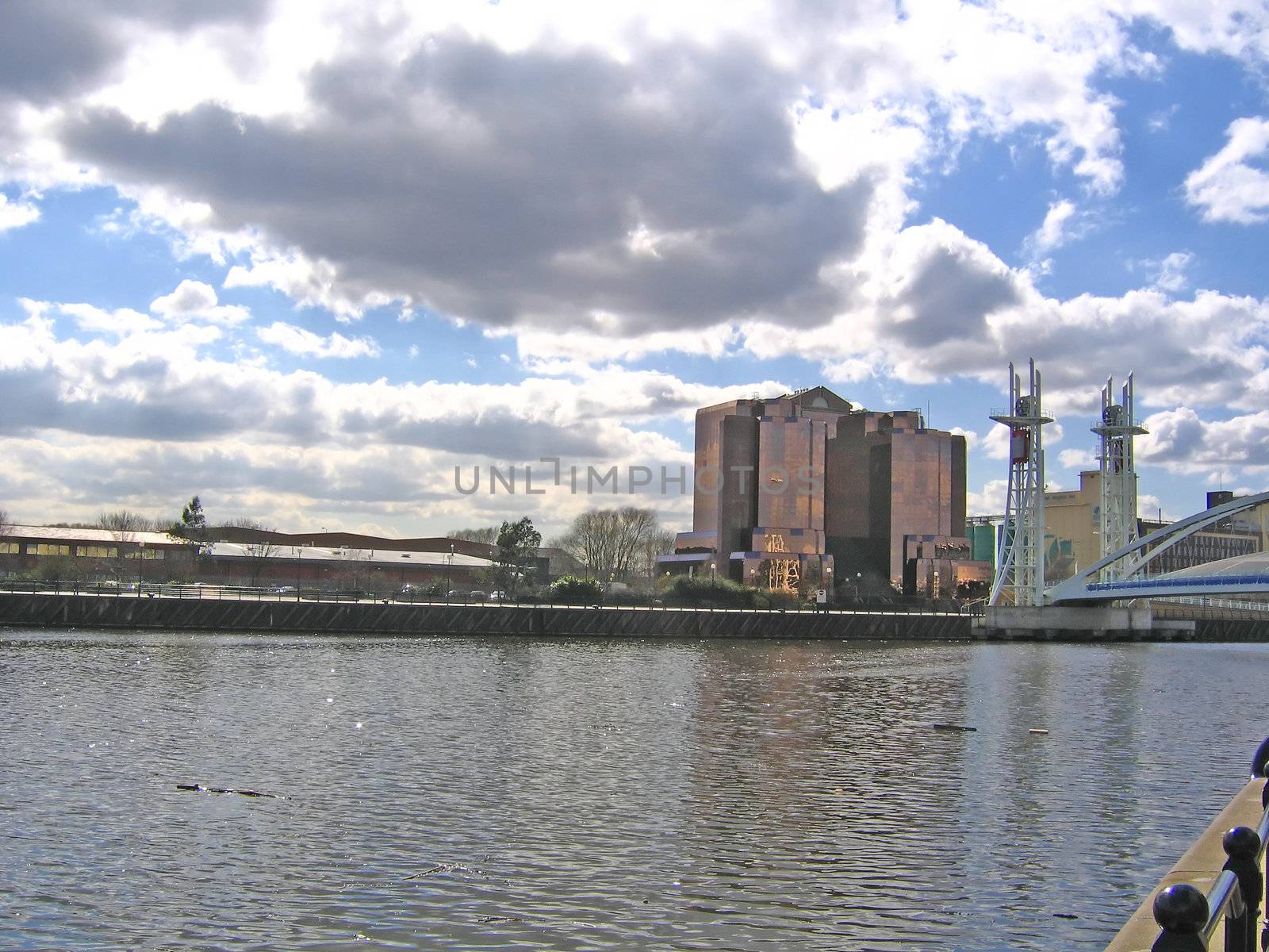 Office Buildings, River and Bridge in Salford near Manchester England
