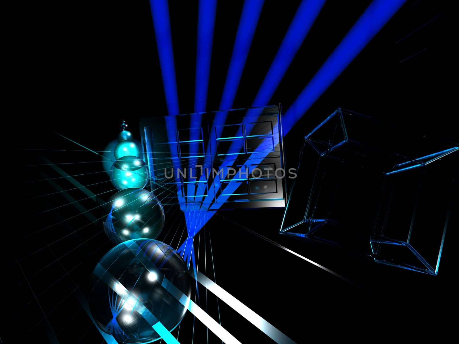 Abstract 3D image in cool color tones with several repeating elements.