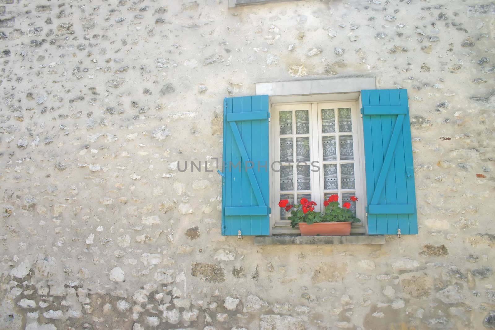 Window with Blue Shutters and Red Flowers by green308