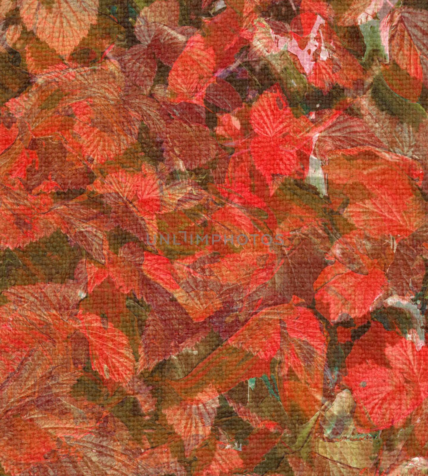abstract background with red leaves and spots on the canvas
