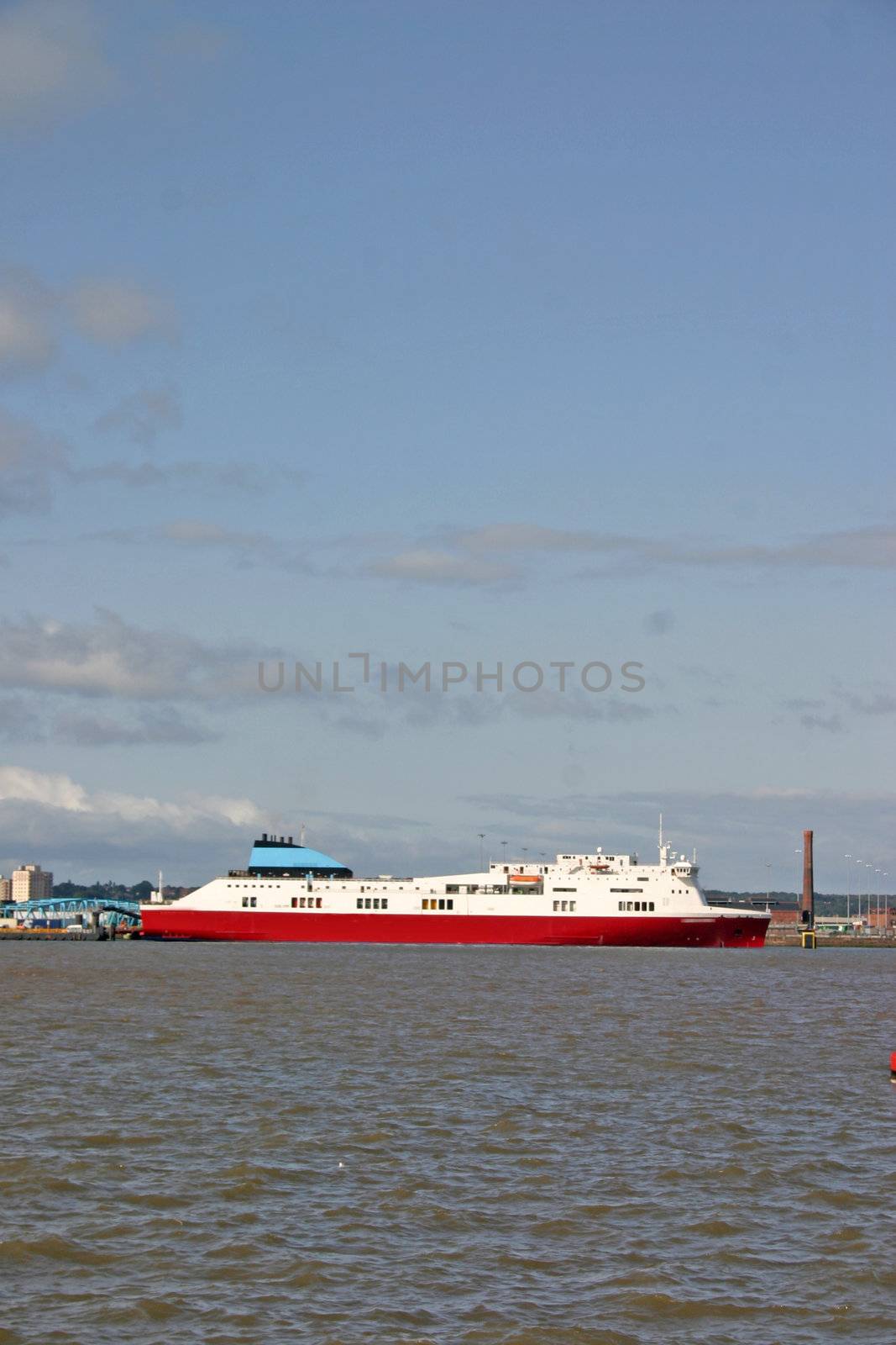 Cargo Ferry Ship on the River Mersey in Liverpool England UK