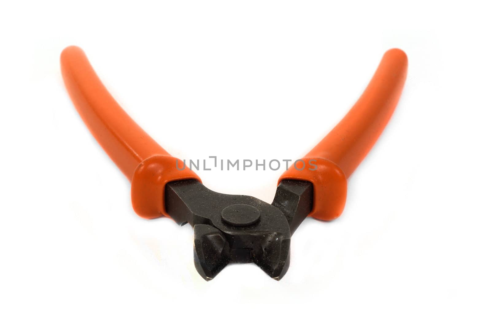 Close up of wire cutter jaws, isolated over white background