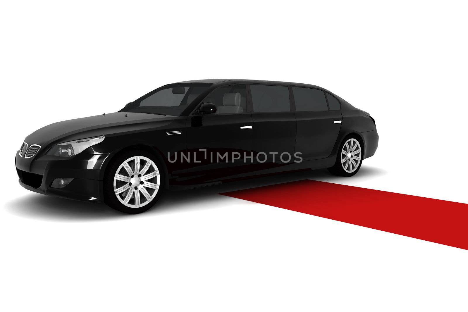 A black limousine with a red carpet