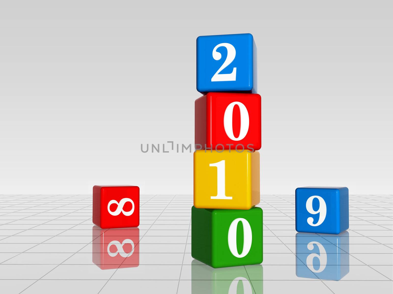 3d colour cubes with white figures with text 2010 with 8 and 9, reflection