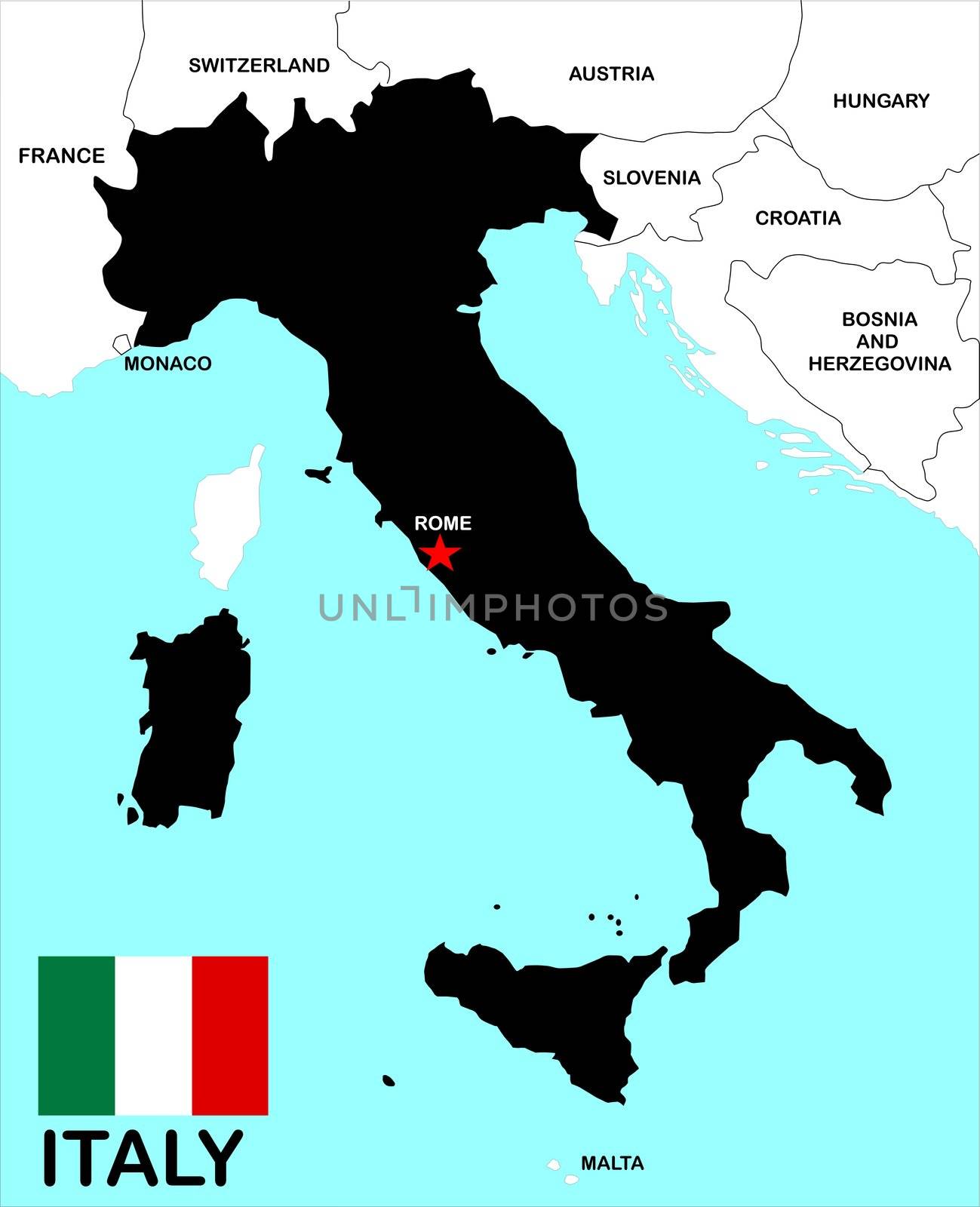 Italy map and flag over white background.